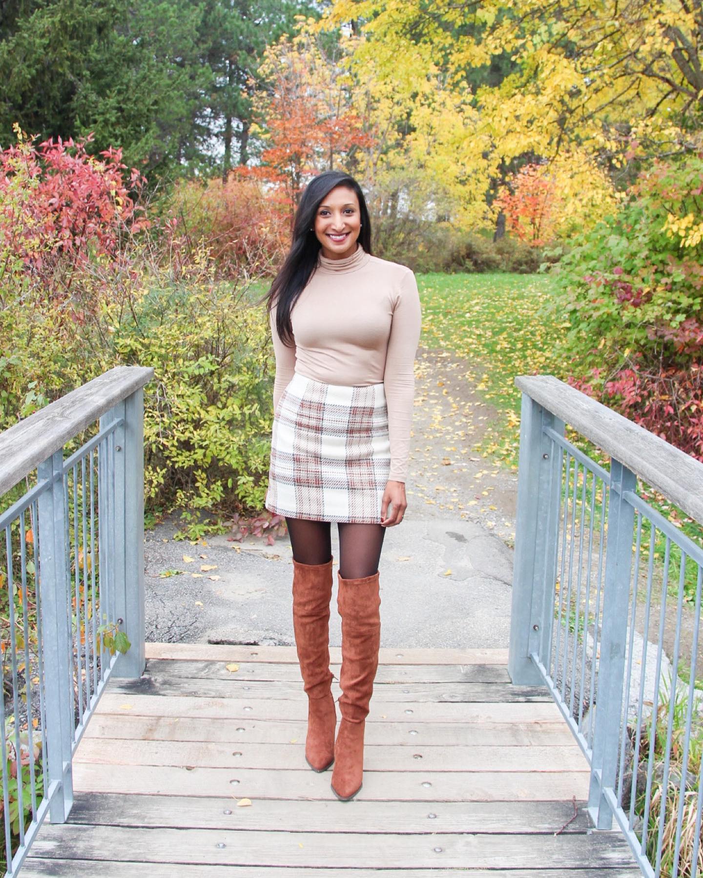 Neutral Turtleneck With Plaid Mini Skirt And Boots