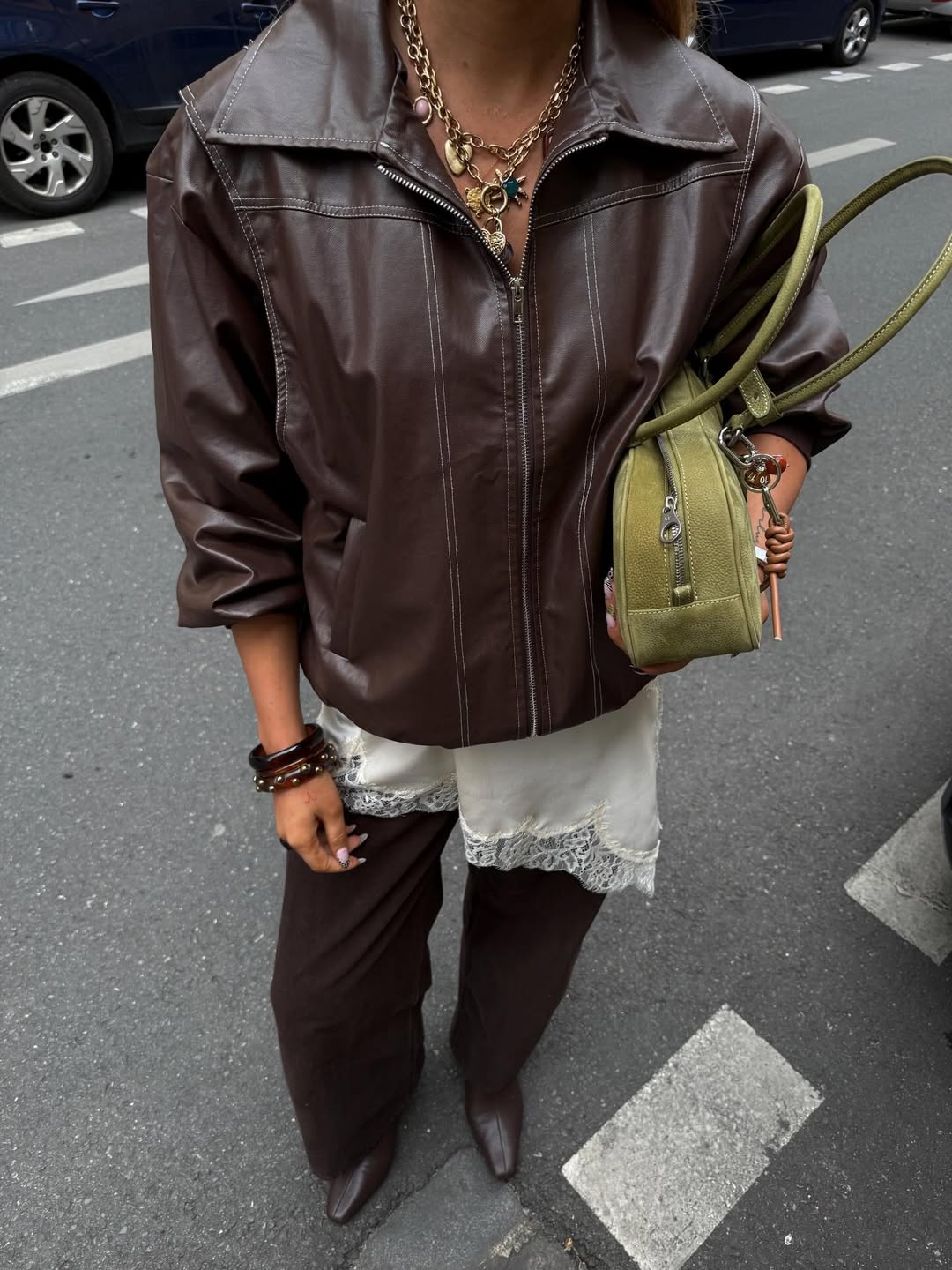 Brown Leather Jacket Over Lace Trim Slip Dress