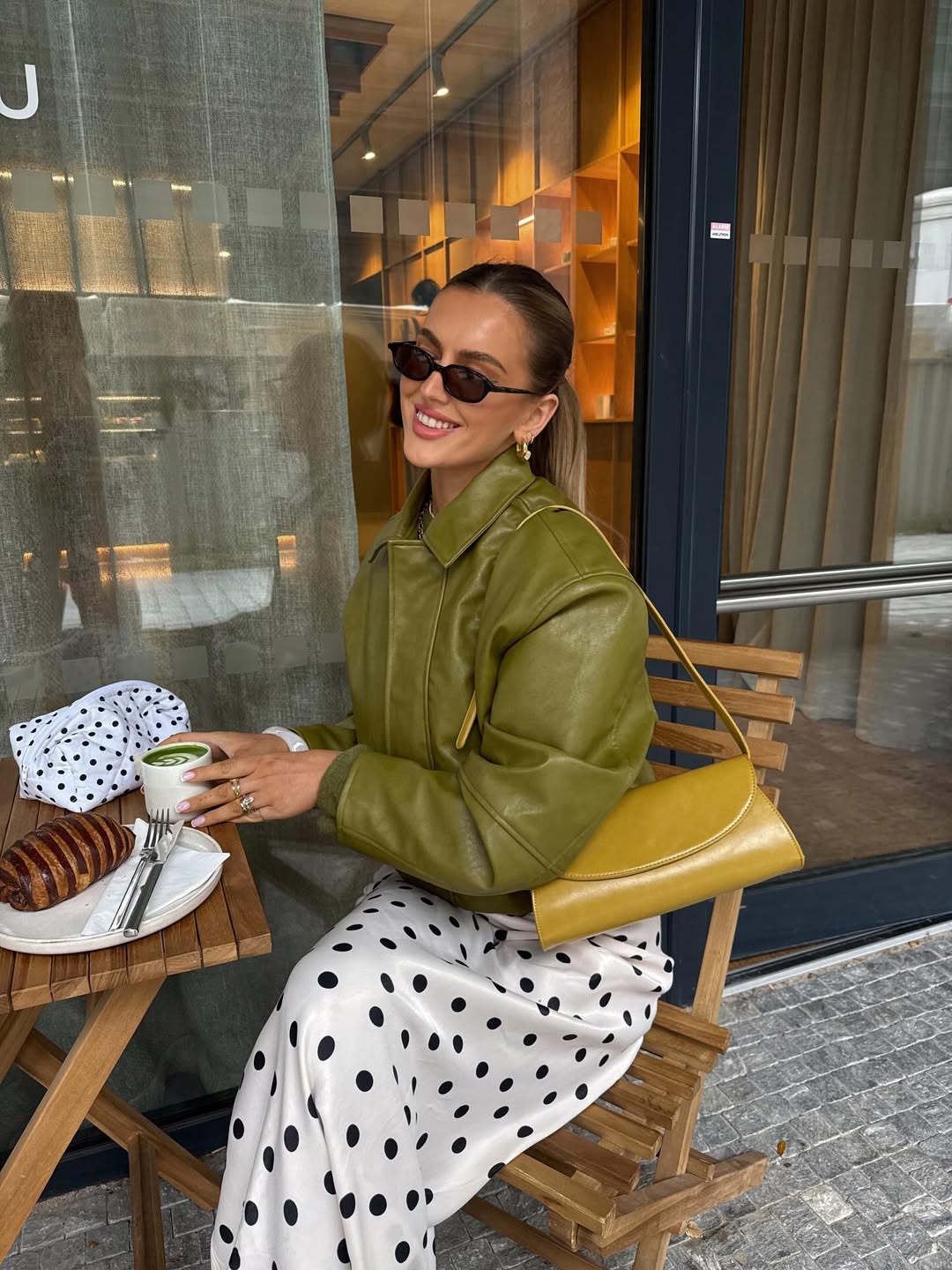 Olive Faux Leather Jacket Polka Dot Midi Skirt