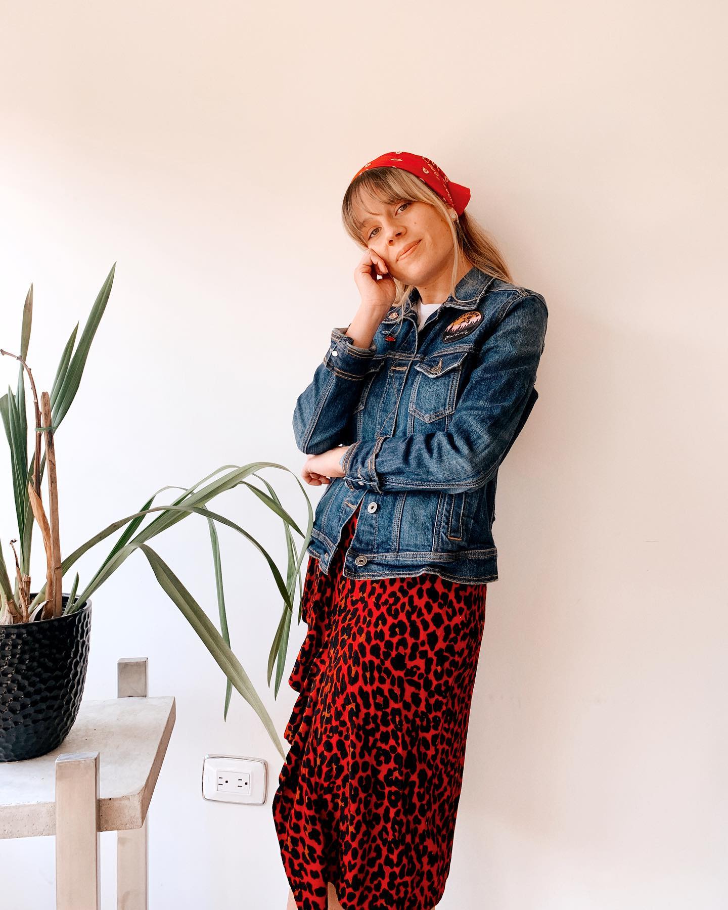 Denim Jacket With Red Leopard Print Midi Skirt