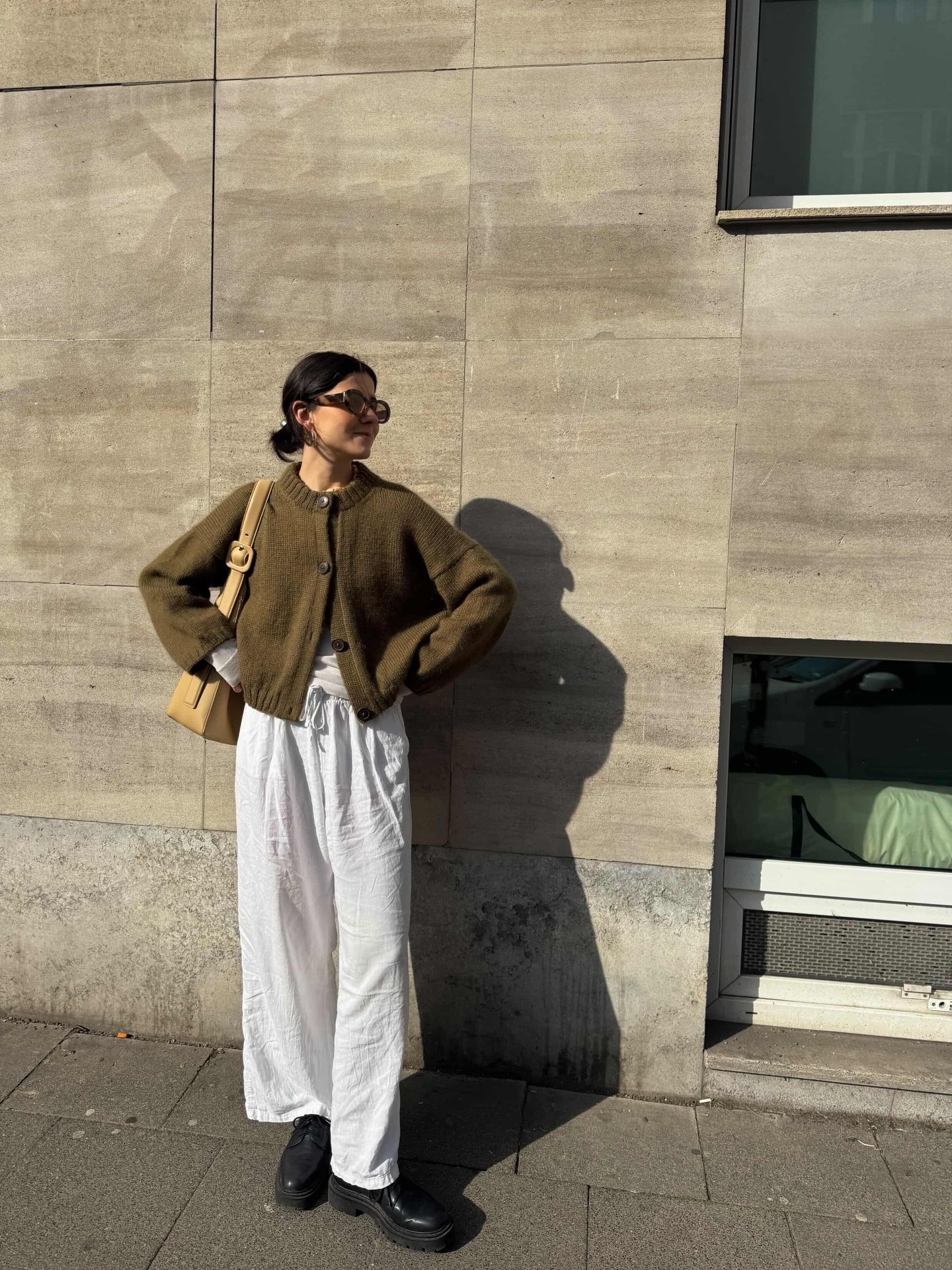 Olive Cardigan With White Linen Trousers and Chunky Loafers