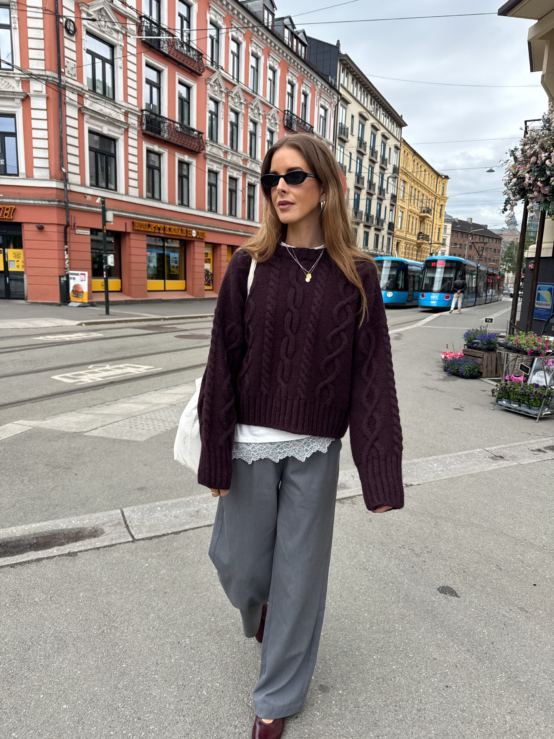 Deep Plum Cable Knit Sweater With Grey Wide-Leg Trousers