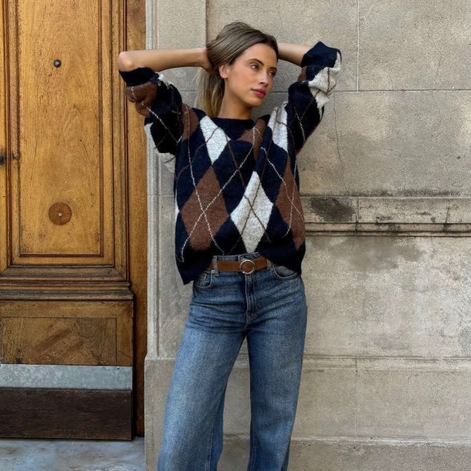 Argyle Sweater And Straight Leg Denim Outfit