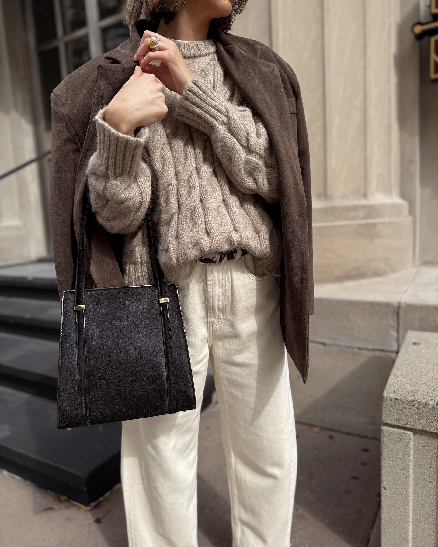 Cozy Cable Knit And Cream Denim Street Style