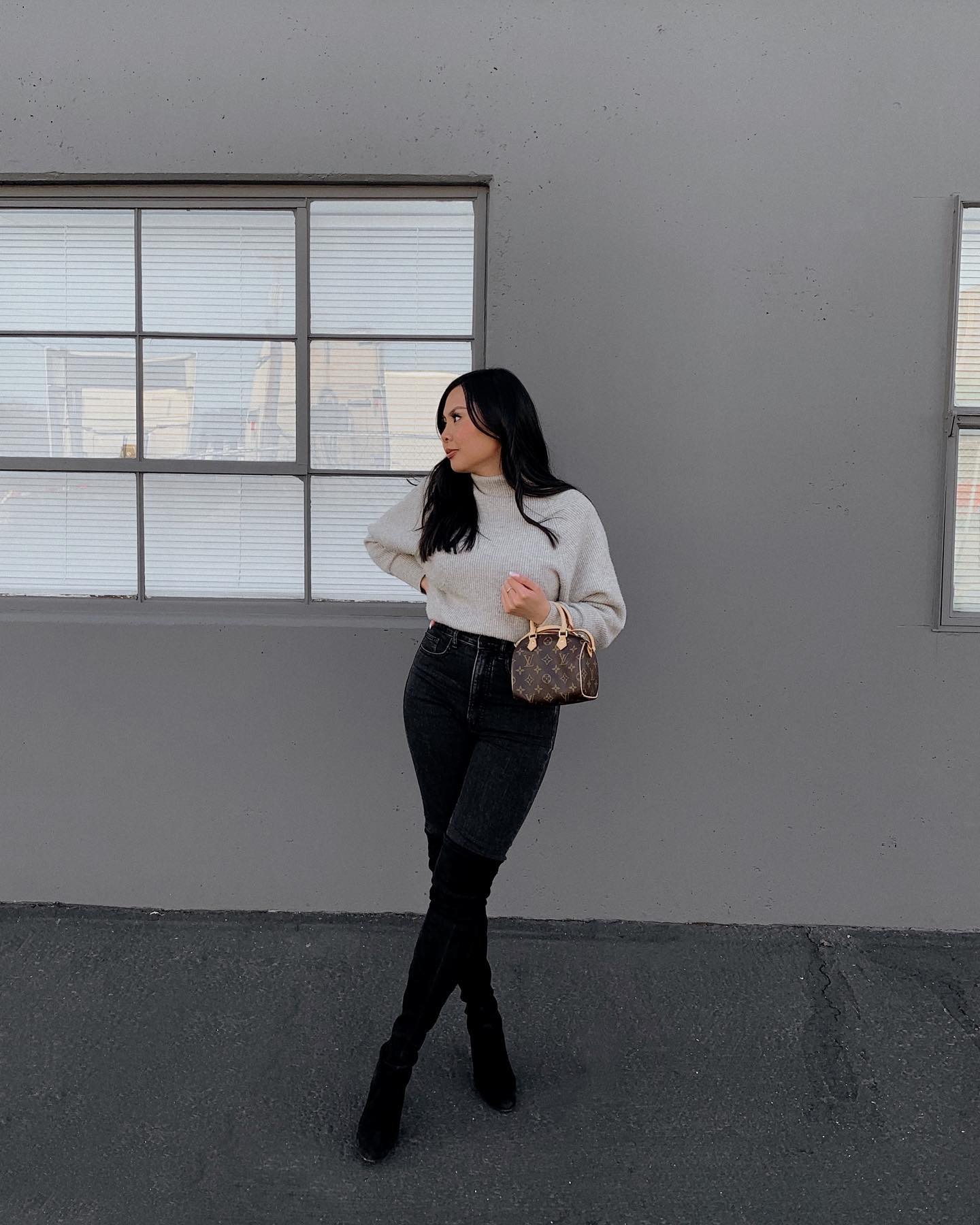 Light Knit Sweater And Black Denim Boots Combo