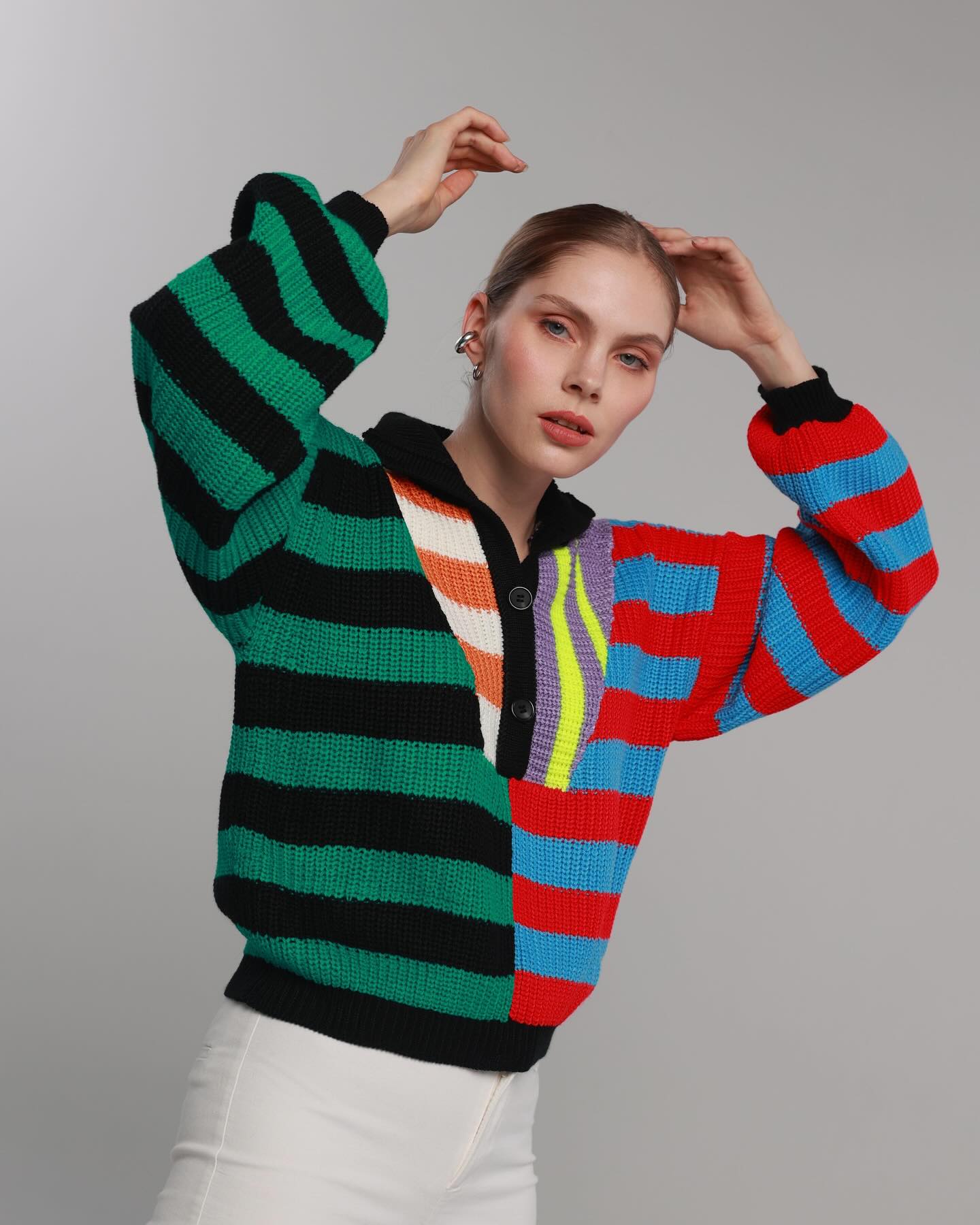 Bold Striped Colorblock Knit With White Trousers