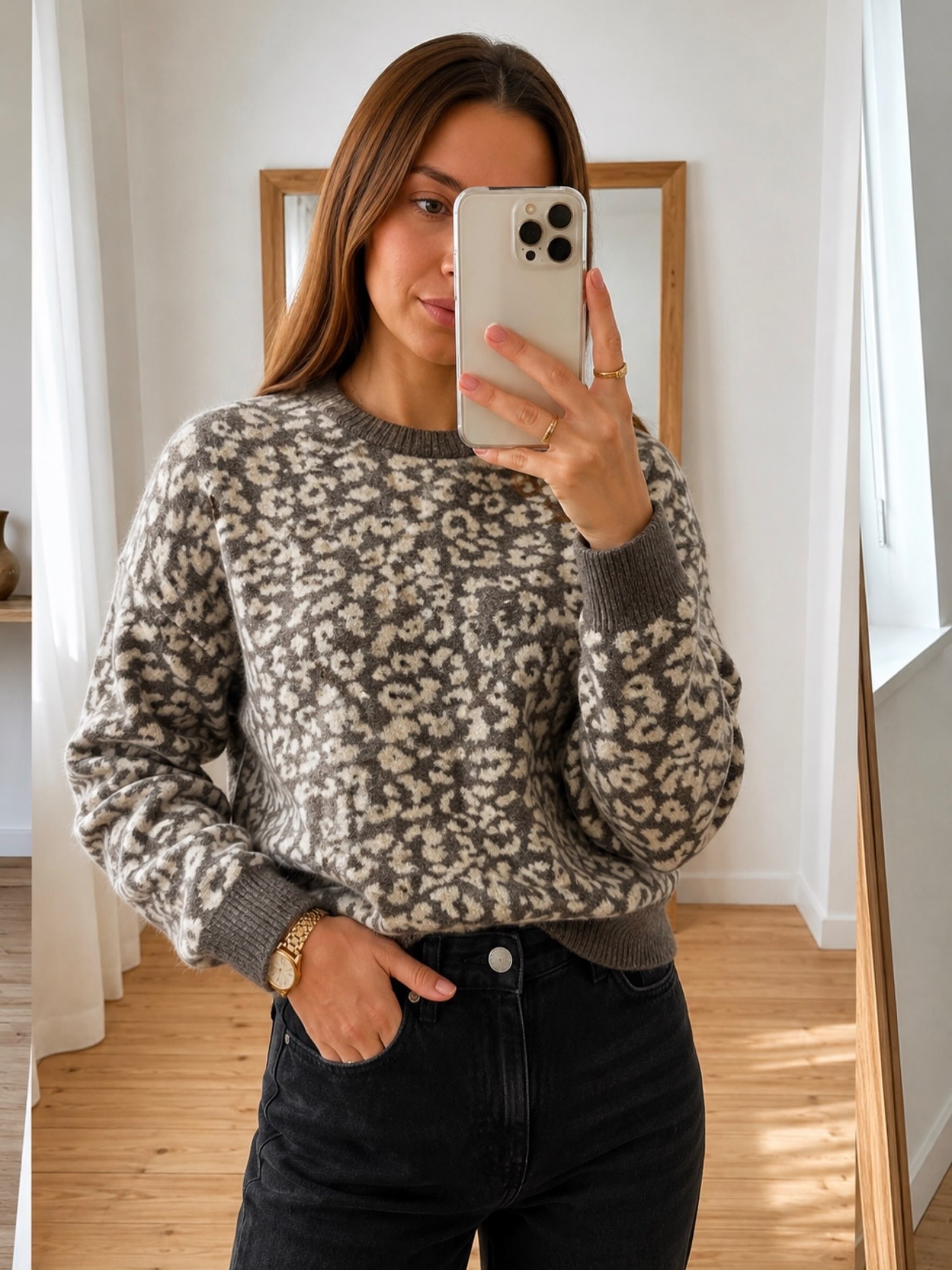 Cozy Leopard Print Sweater With Black Denim