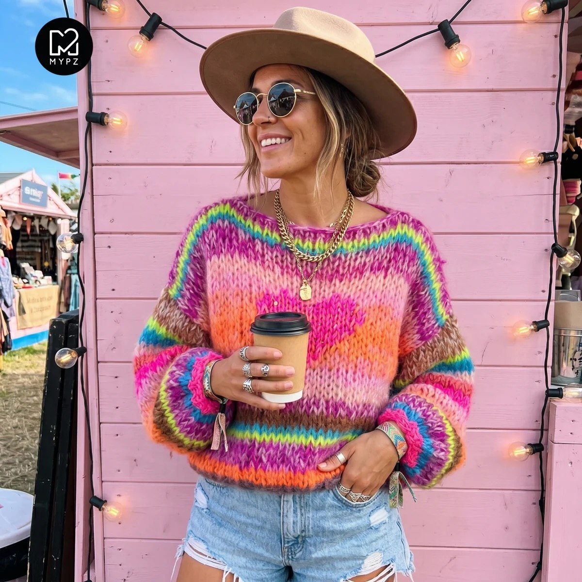 Colorful Knit Sweater With Distressed Denim Shorts