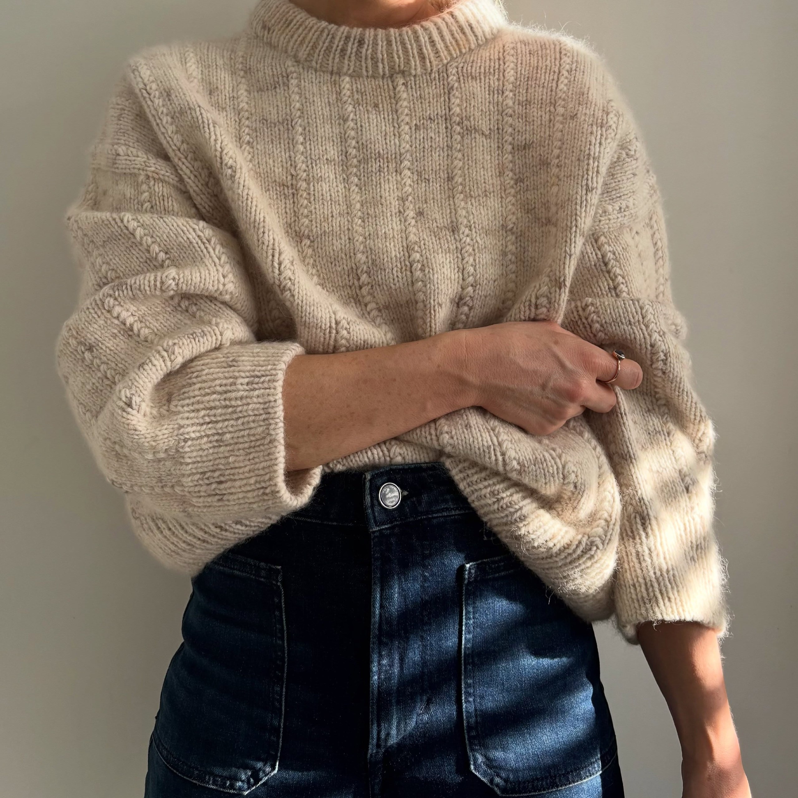 Cream Textured Knit with Dark Wash Wide Leg Jeans