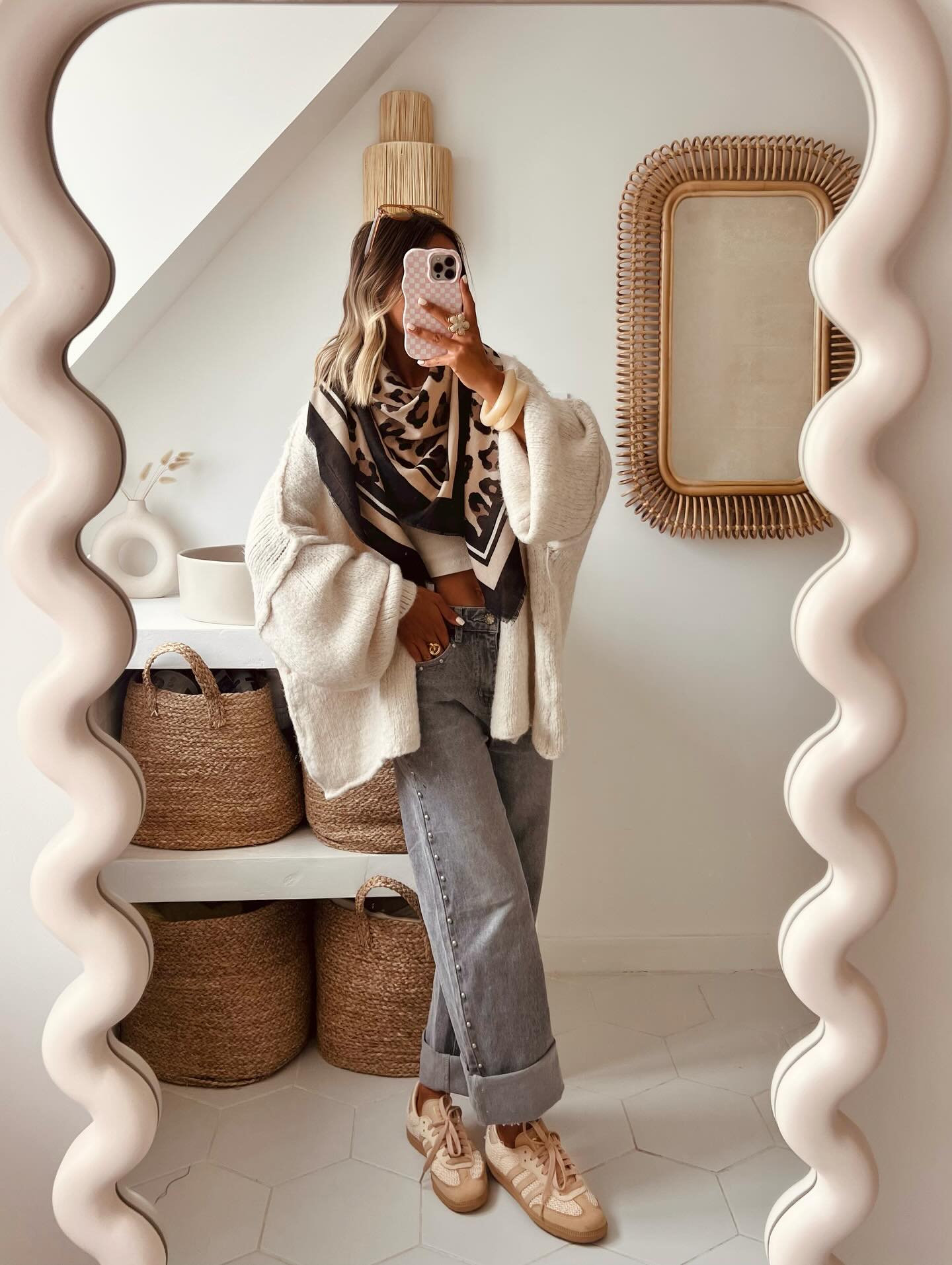 Cozy Cream Knit With Grey Cuffed Jeans And Sneakers