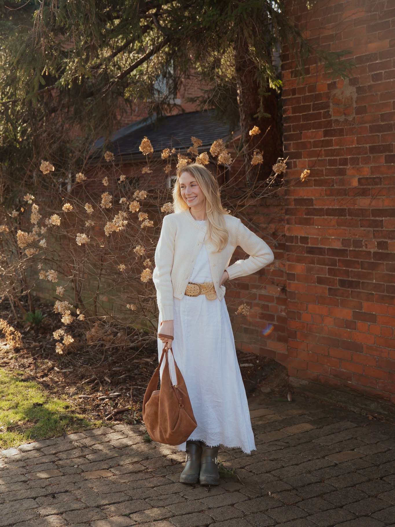 Cream Cardigan With Flowy White Dress Comfort Look