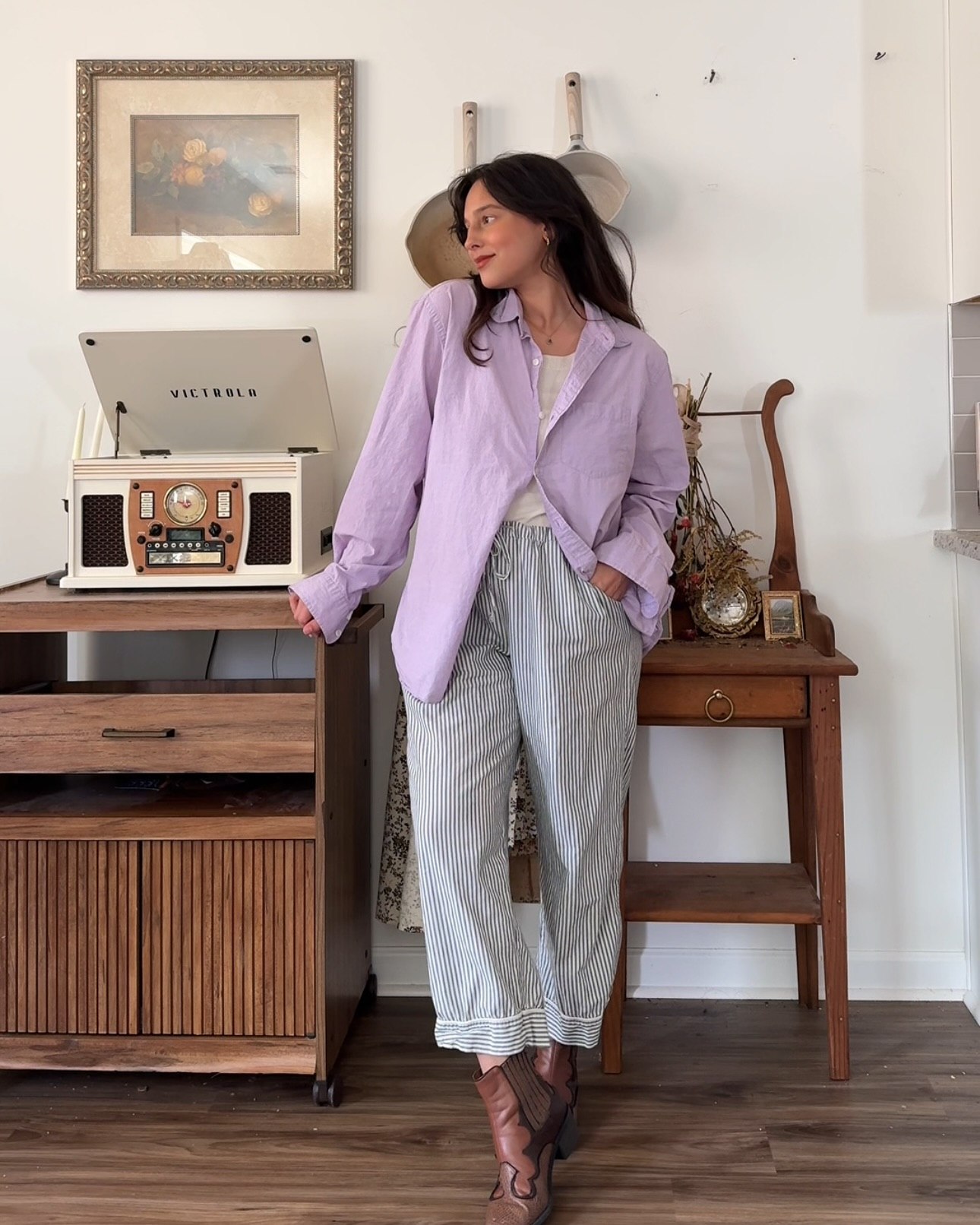 Lavender Shirt With Striped Trousers Casual Fall Look