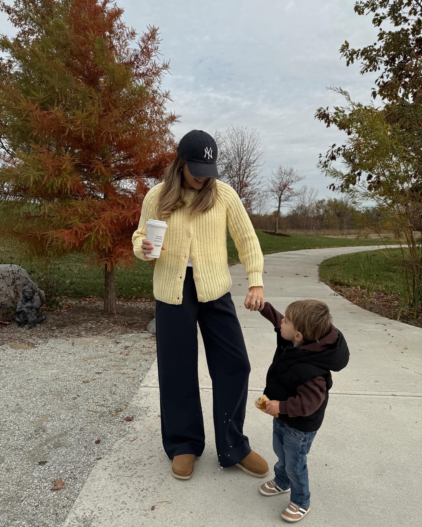 Cozy Yellow Cardigan With Navy Wide Leg Pants