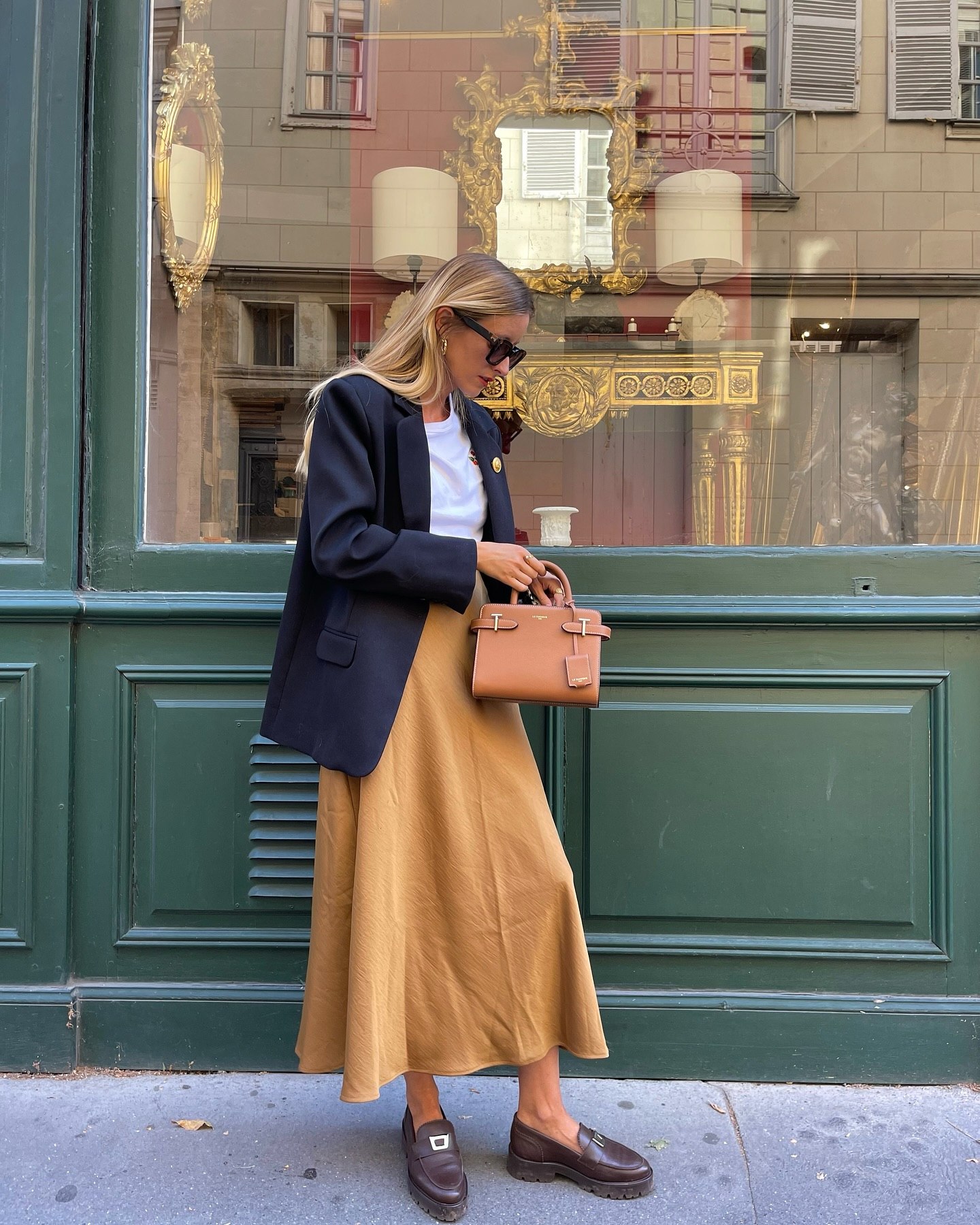 Chic Navy Blazer and Camel Skirt Combo