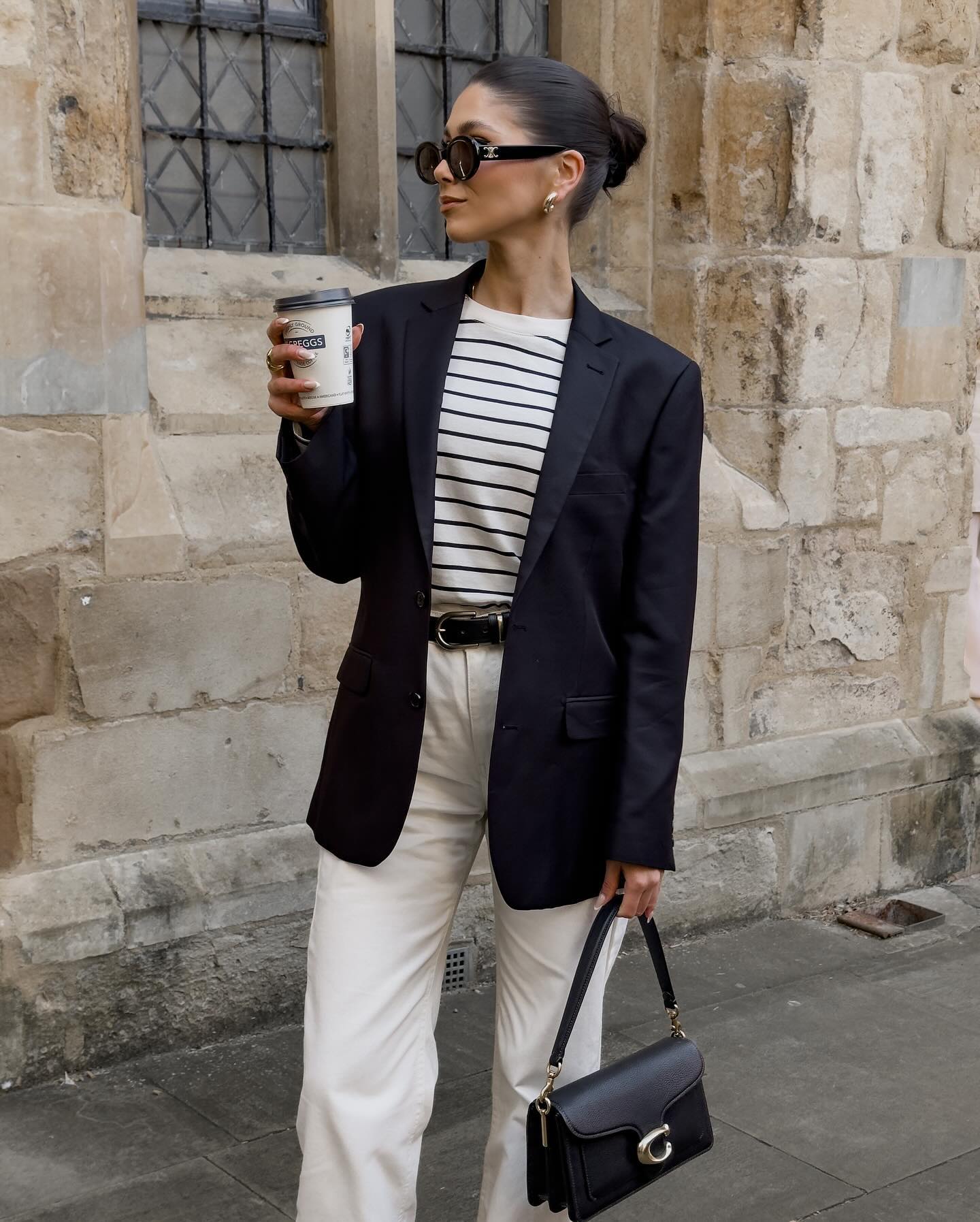 Classic Navy Blazer With Striped Tee and Cream Trousers