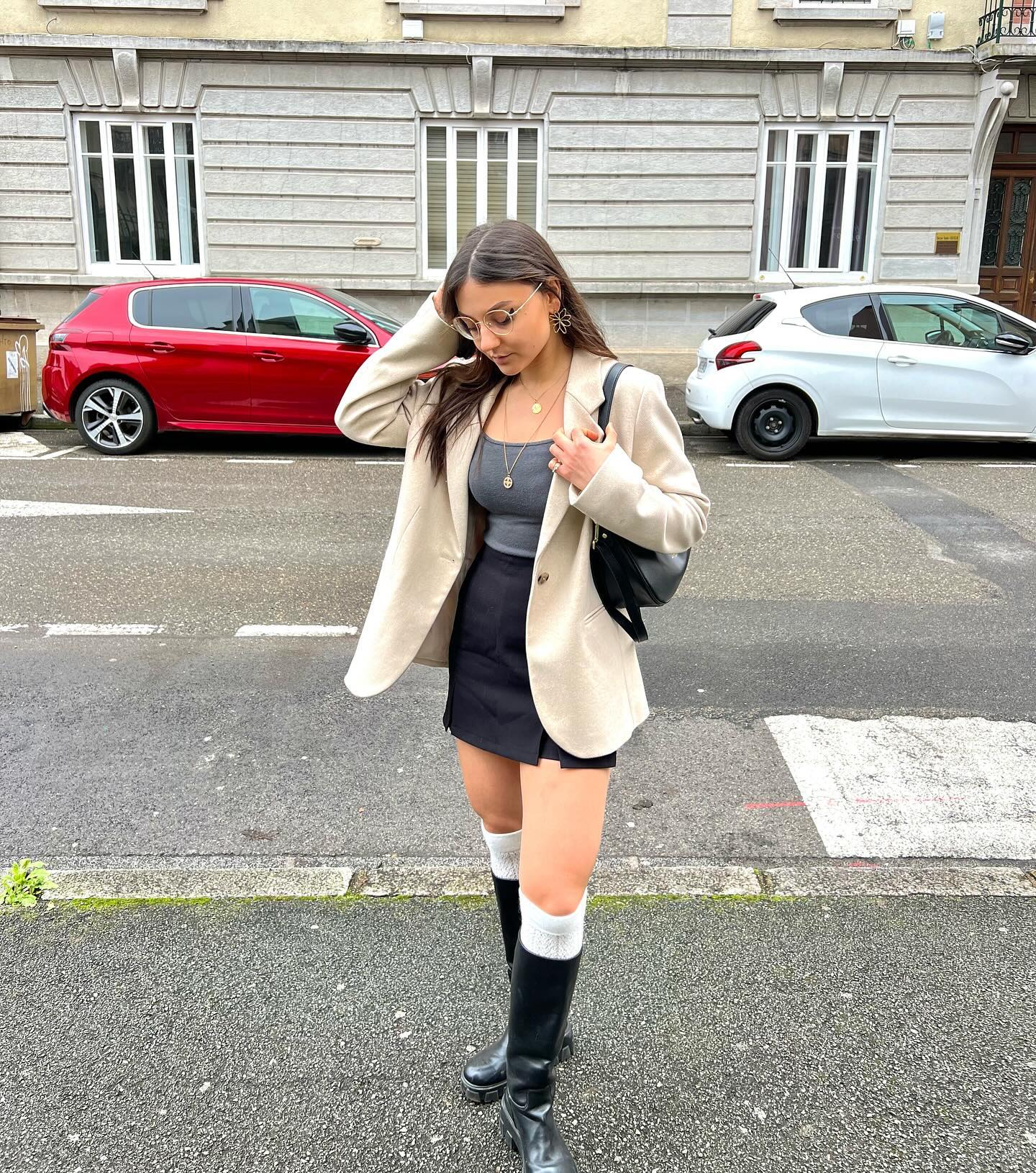 Beige Blazer With Black Mini Skirt Look