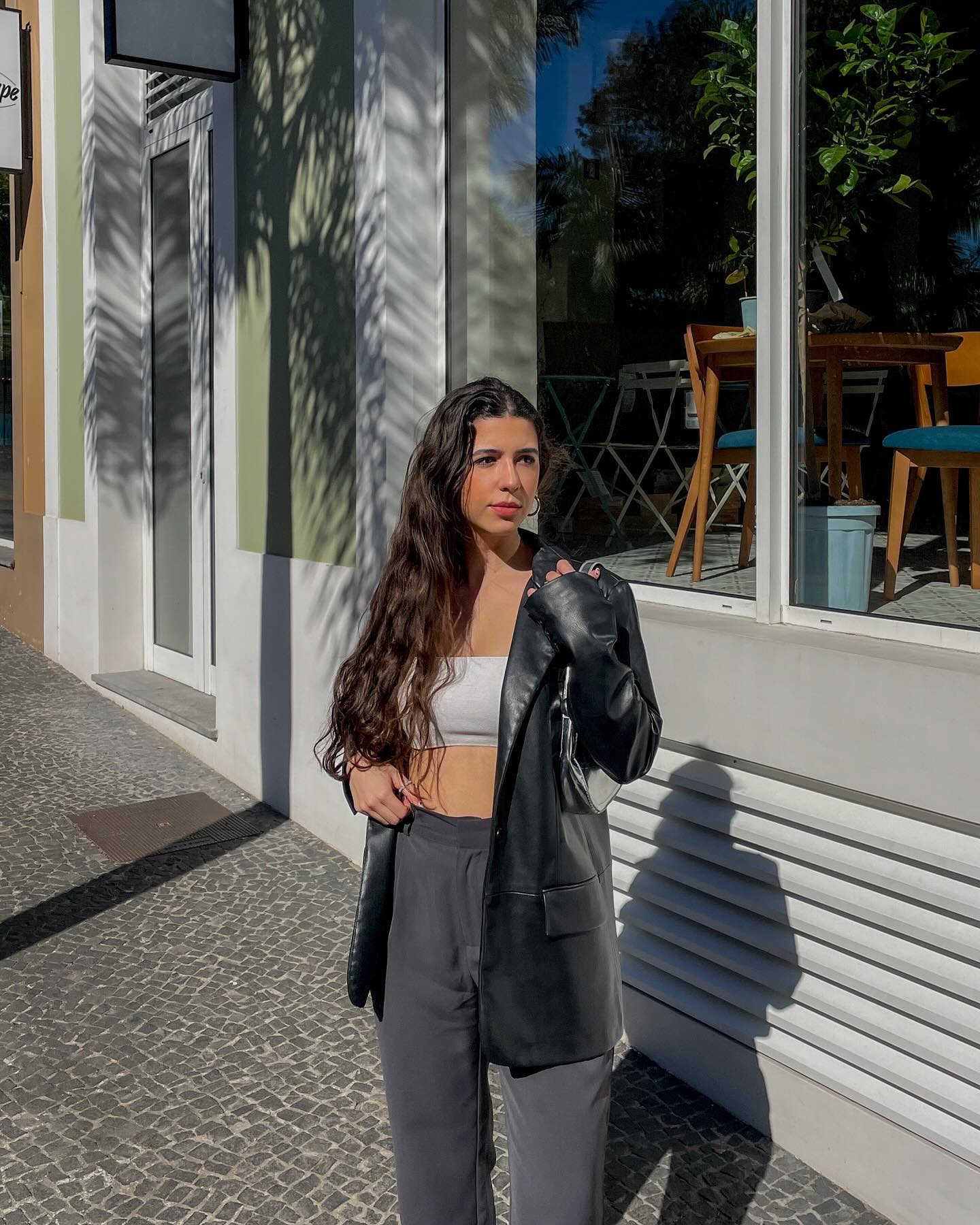 Edgy Black Leather Blazer With Grey Trousers