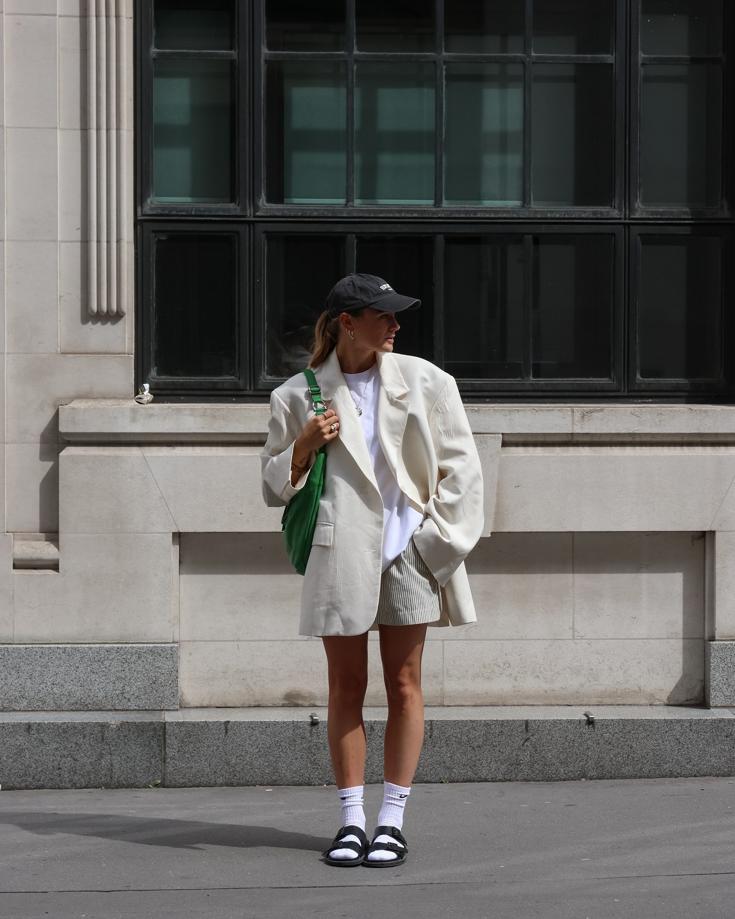 Oversized Cream Blazer With Striped Shorts Look