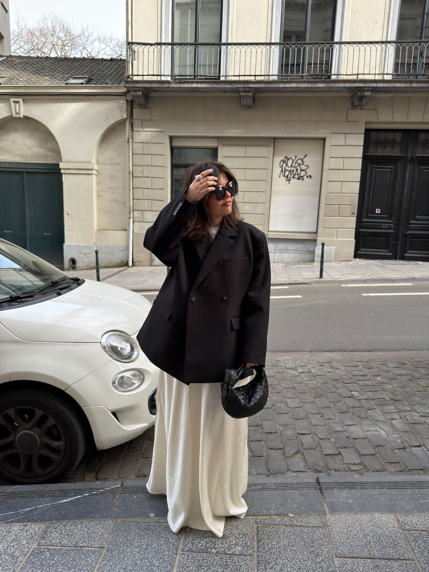 Oversized Black Blazer With Cream Satin Maxi Skirt