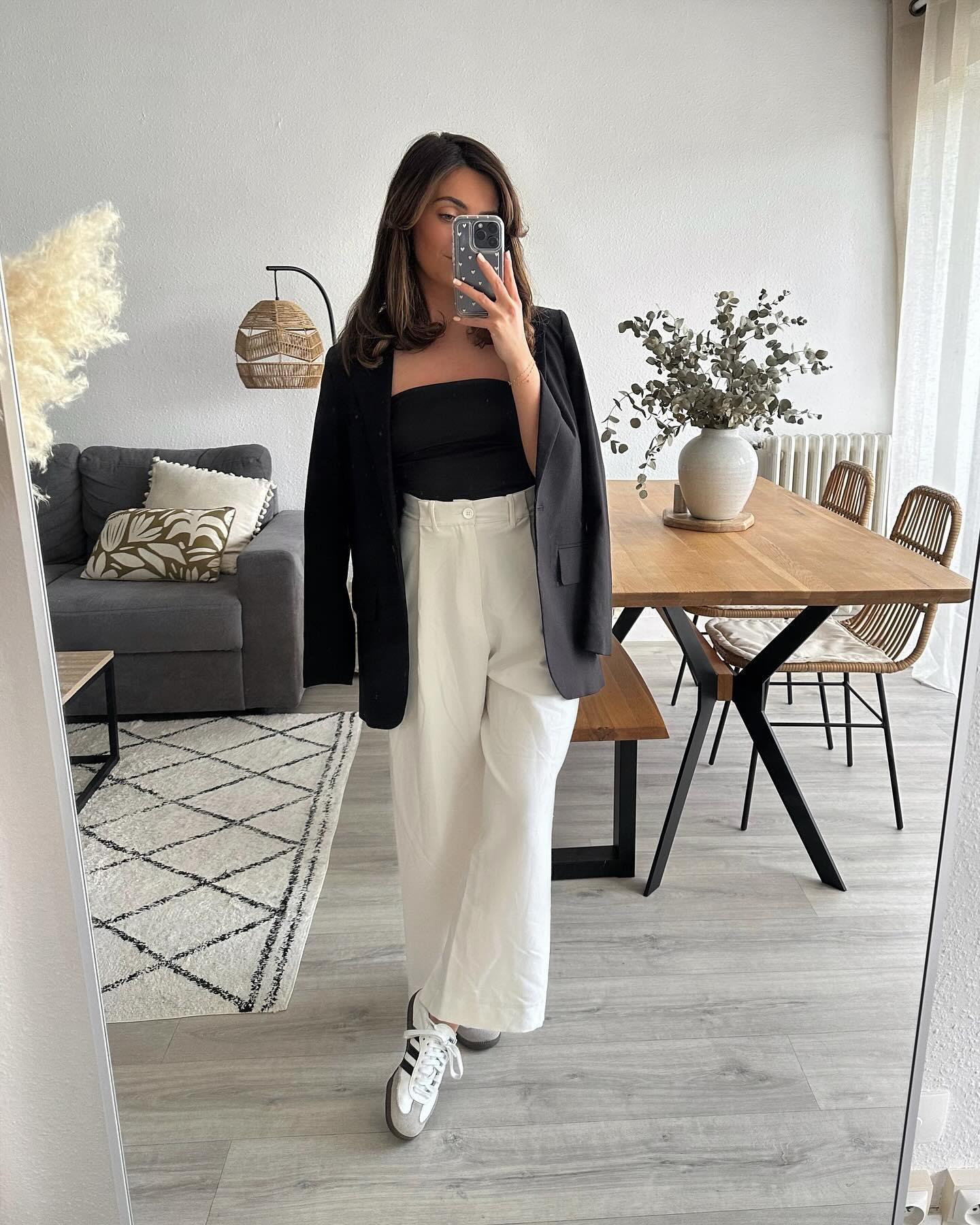 Chic Black Blazer With White Wide-Leg Pants