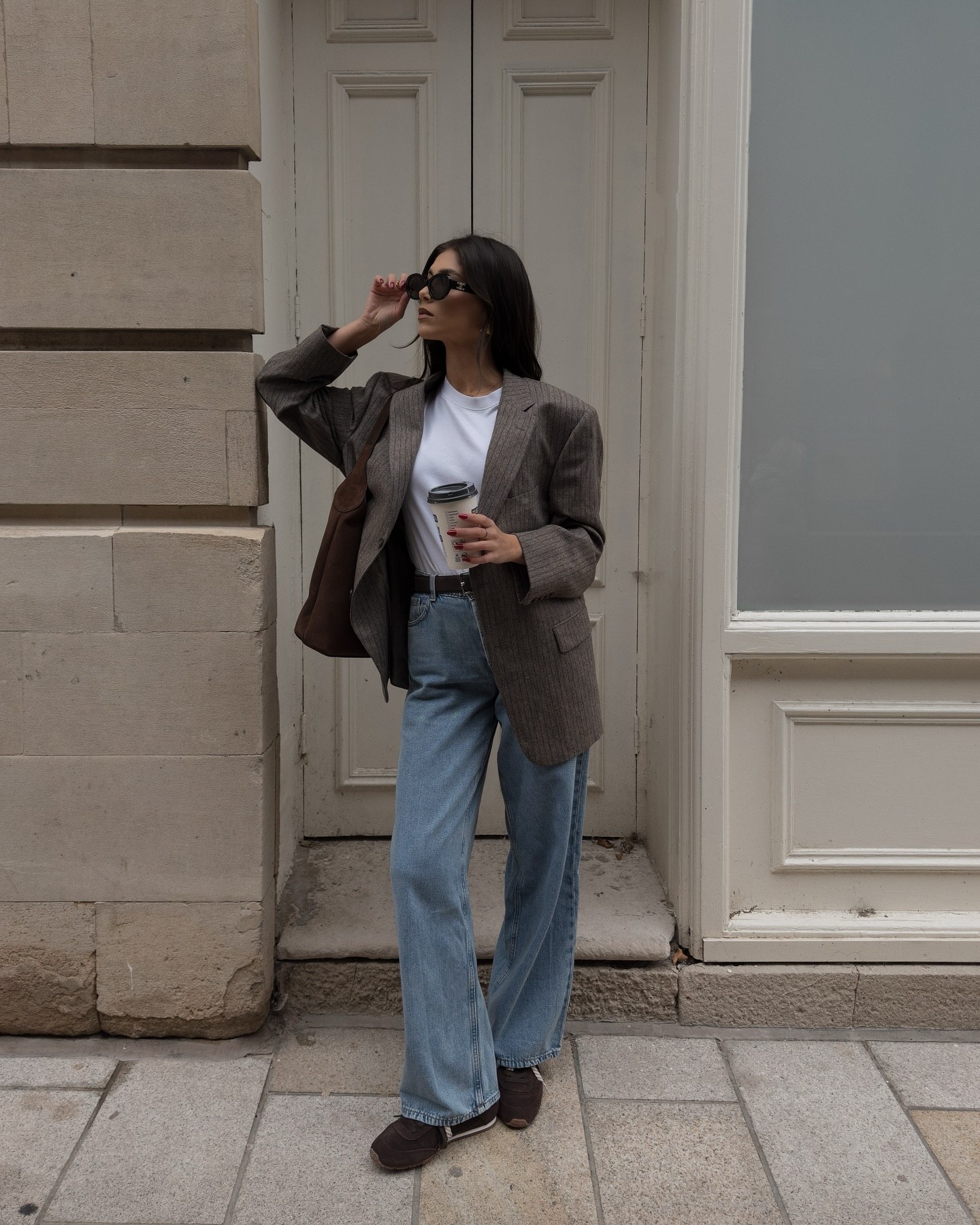 Oversized Pinstripe Blazer With Light Wash Jeans