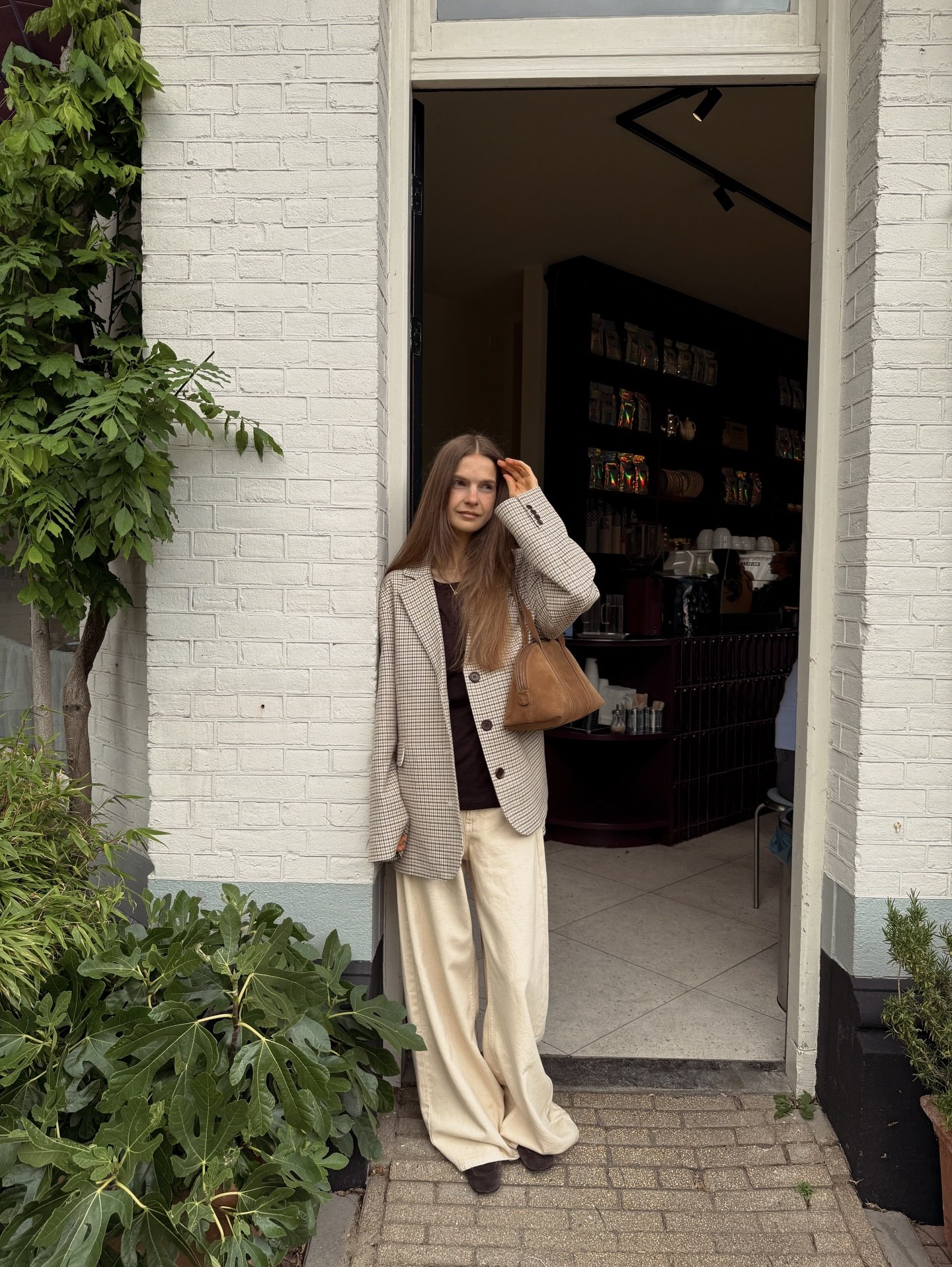Plaid Blazer With Cream Wide Leg Trousers Outfit