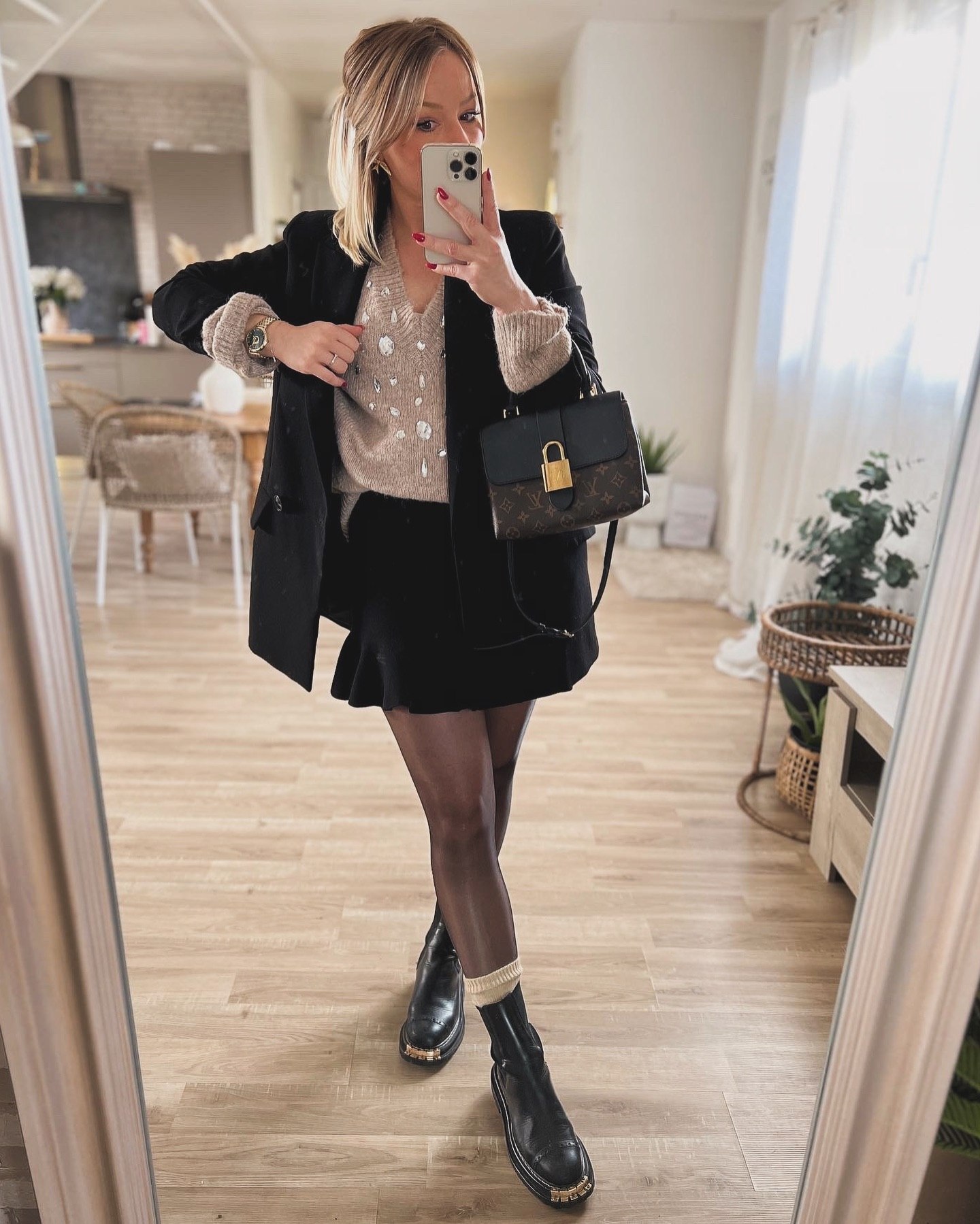 Chic Black Blazer With Embellished Sweater And Mini Skirt