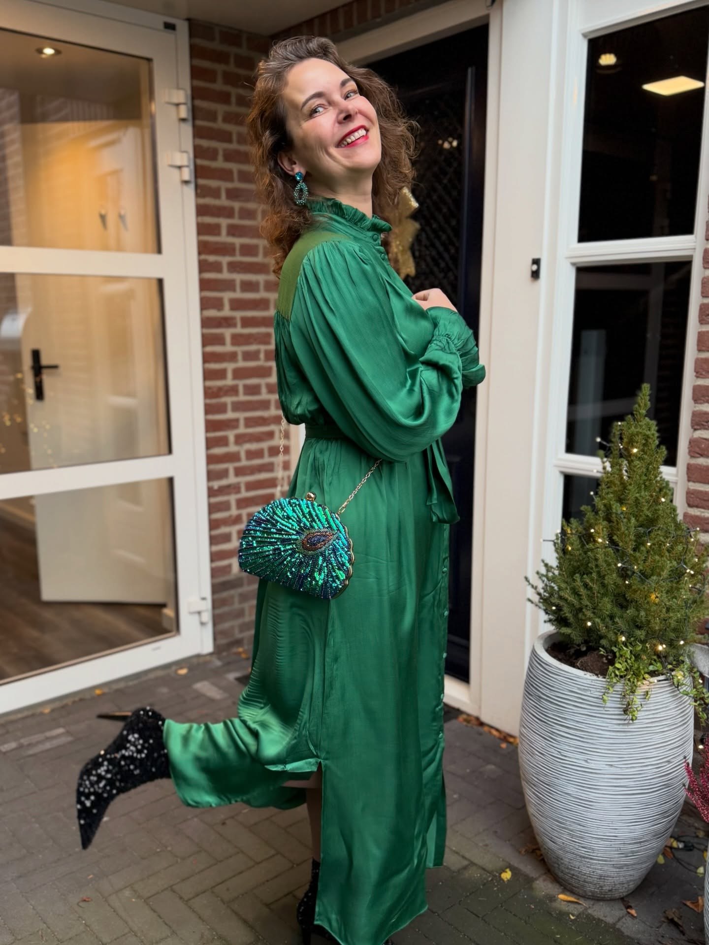 Emerald Satin Midi Dress With Sequin Bag