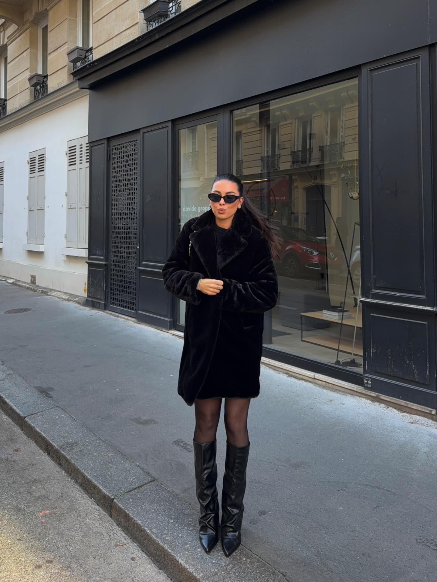 Chic Black Faux Fur Coat With Knee-High Boots