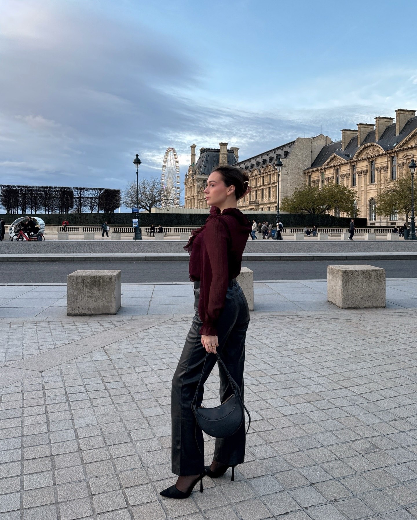 Chic Burgundy Blouse With Faux Leather Trousers
