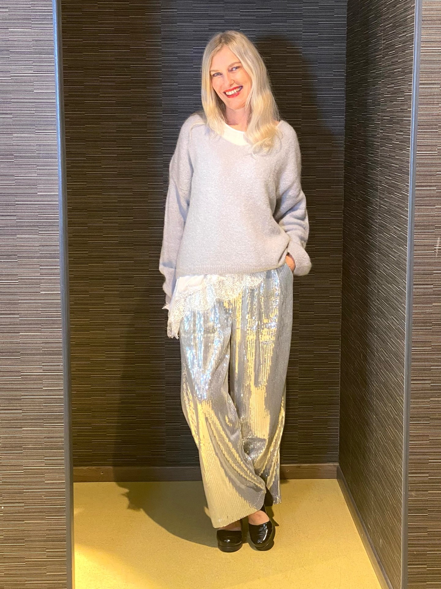 Cozy Sweater Meets Sparkly Sequins Party Look