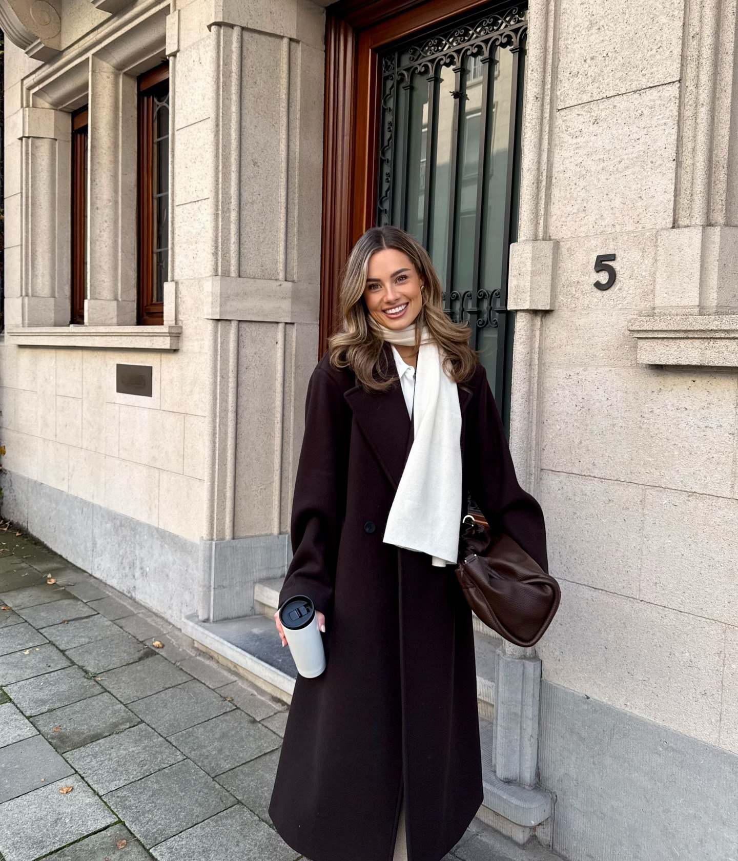 Dark Chocolate Coat With Cream Scarf Outfit
