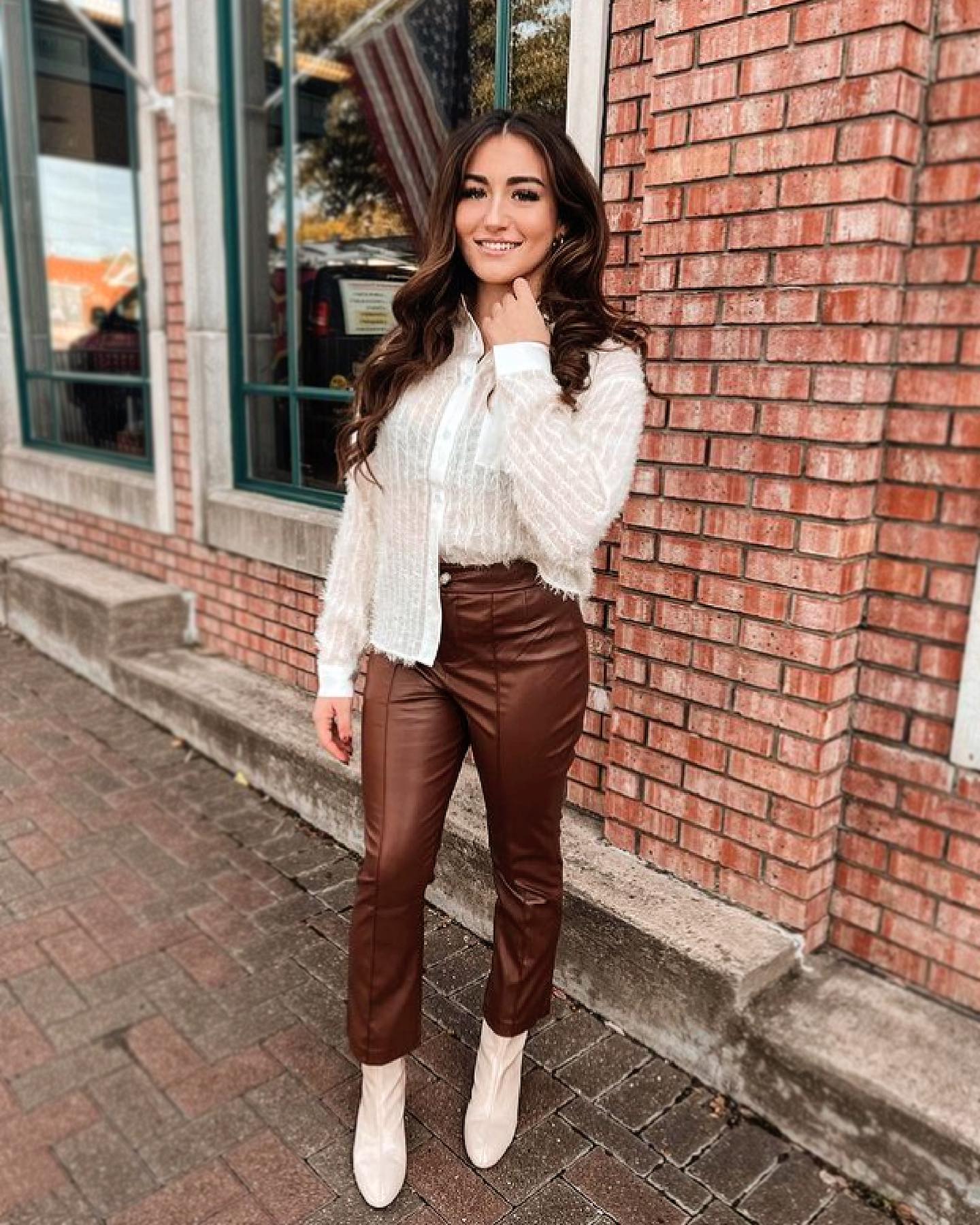 Chic Faux Leather Pants With Sheer Textured Top