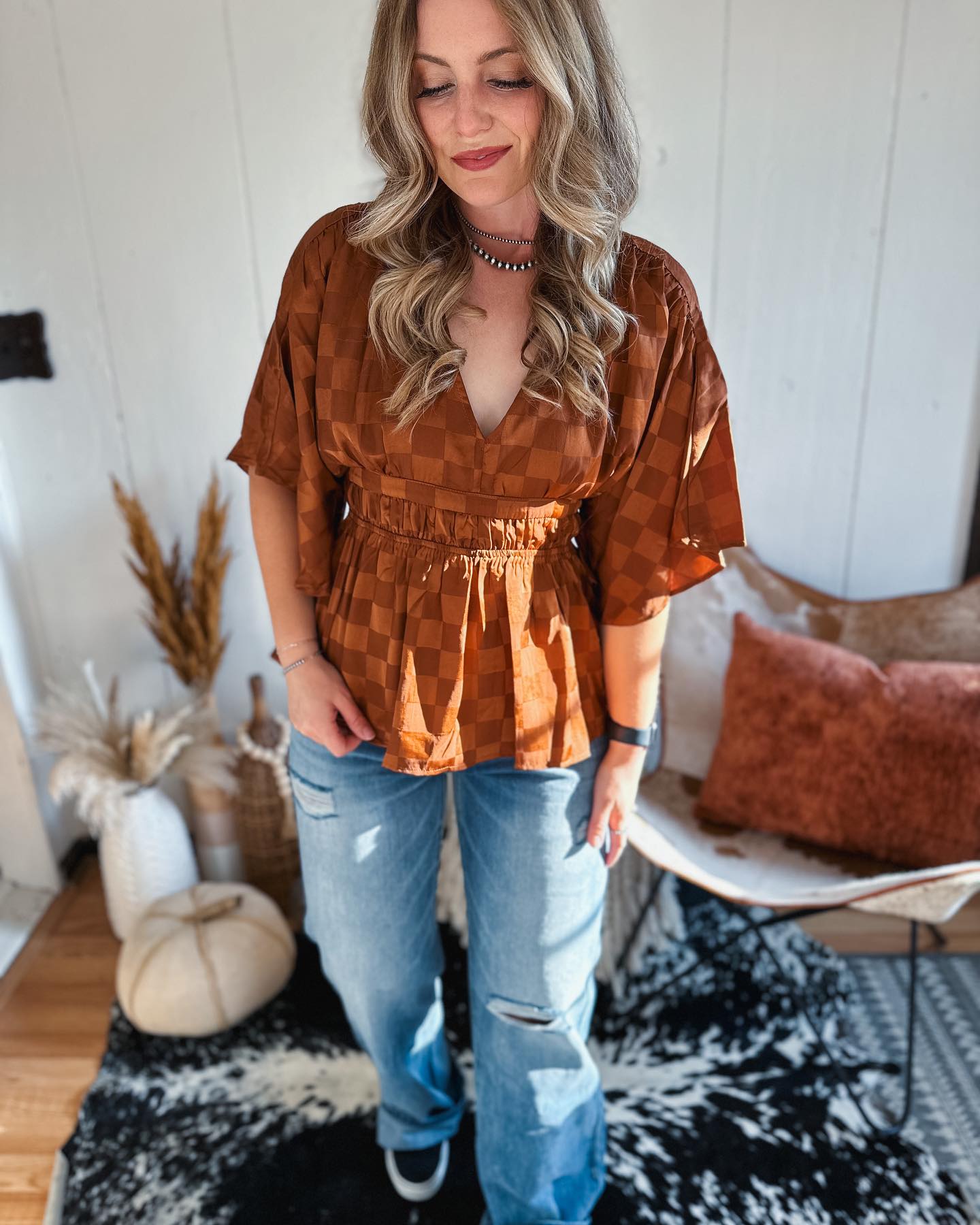 Bohemian Checkered Top With Distressed Denim