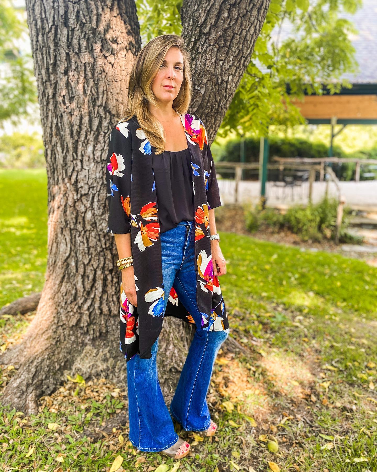 Floral Kimono With Flared Denim Festival Look