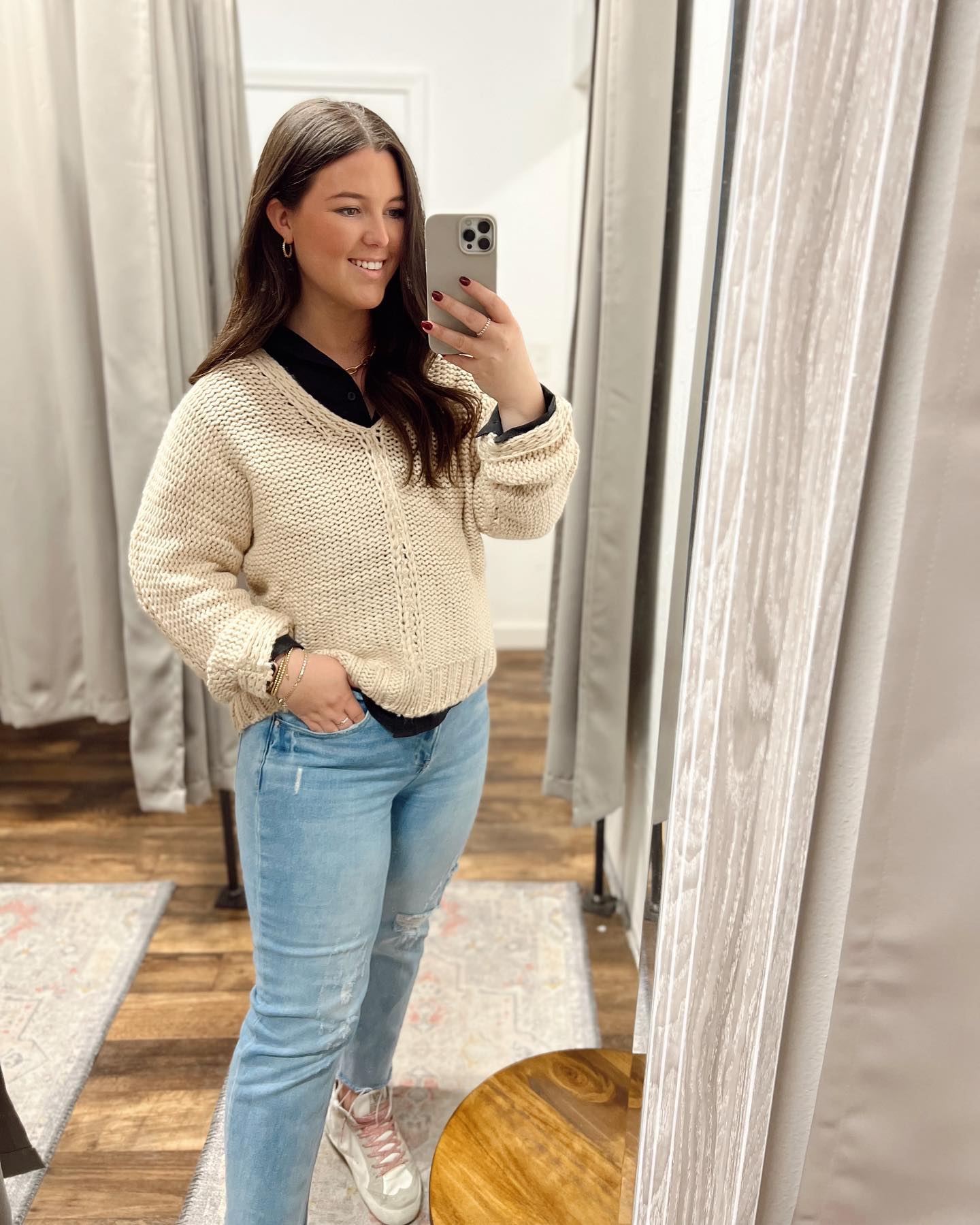 Cozy Cream Knit And Distressed Denim Casual Look