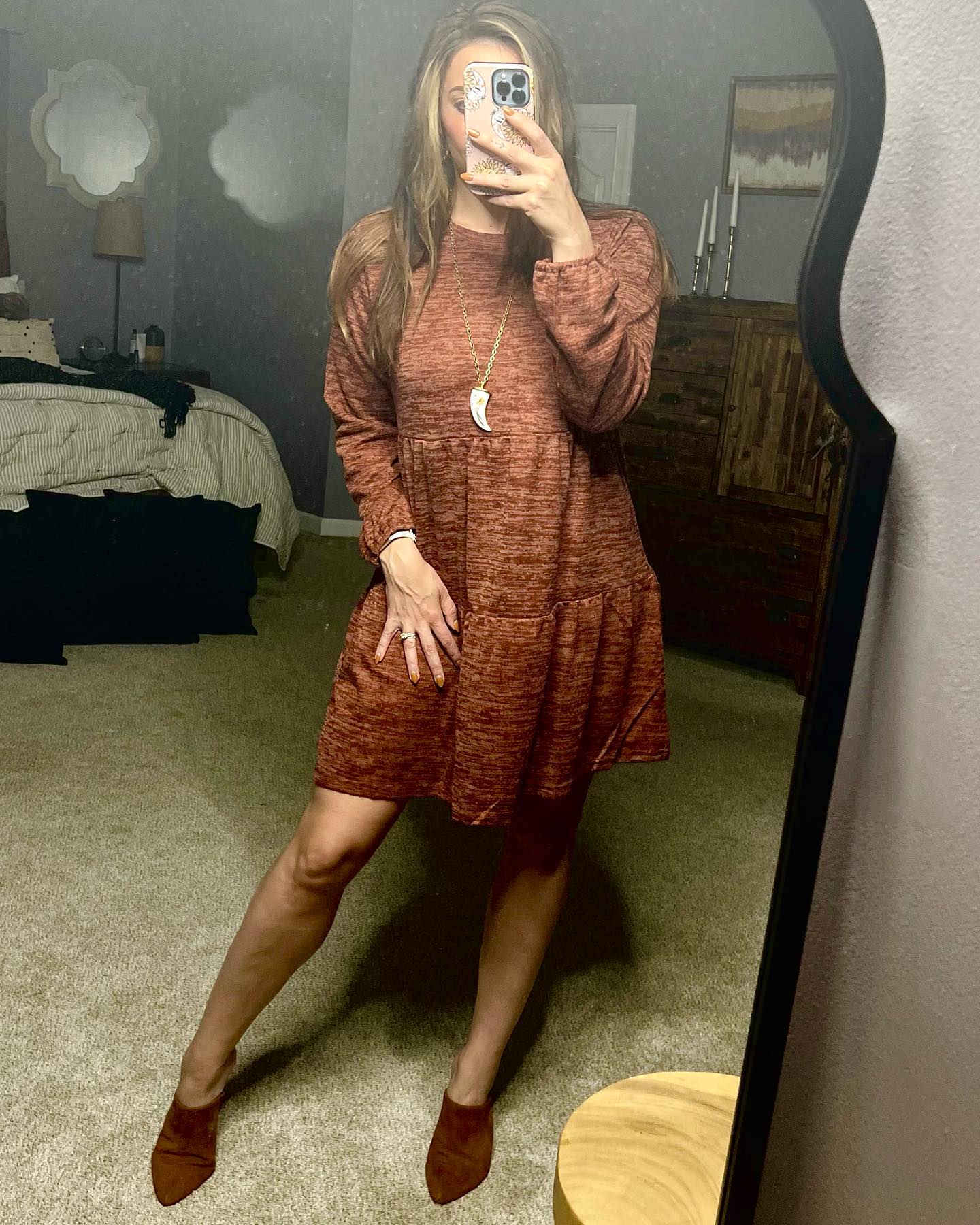 Textured Rust Tiered Babydoll Dress And Mules