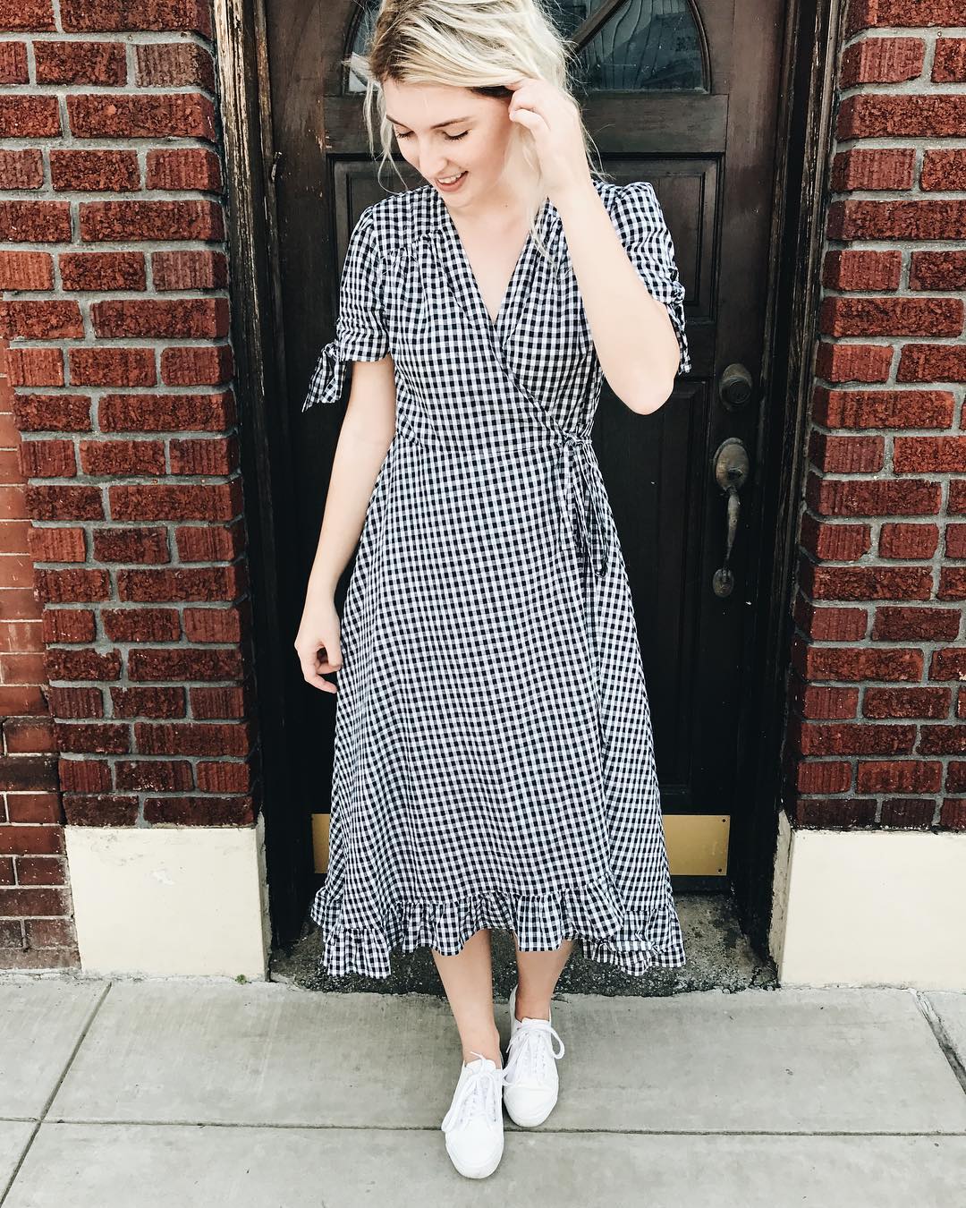Gingham Wrap Dress With White Sneakers