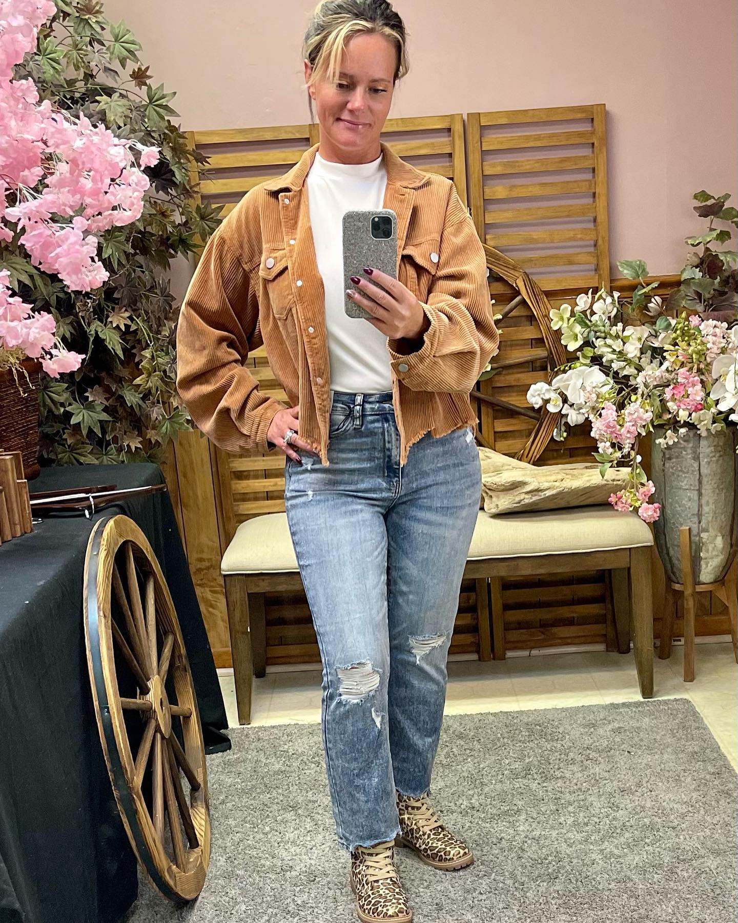 Corduroy Shacket With Distressed Denim Comfort