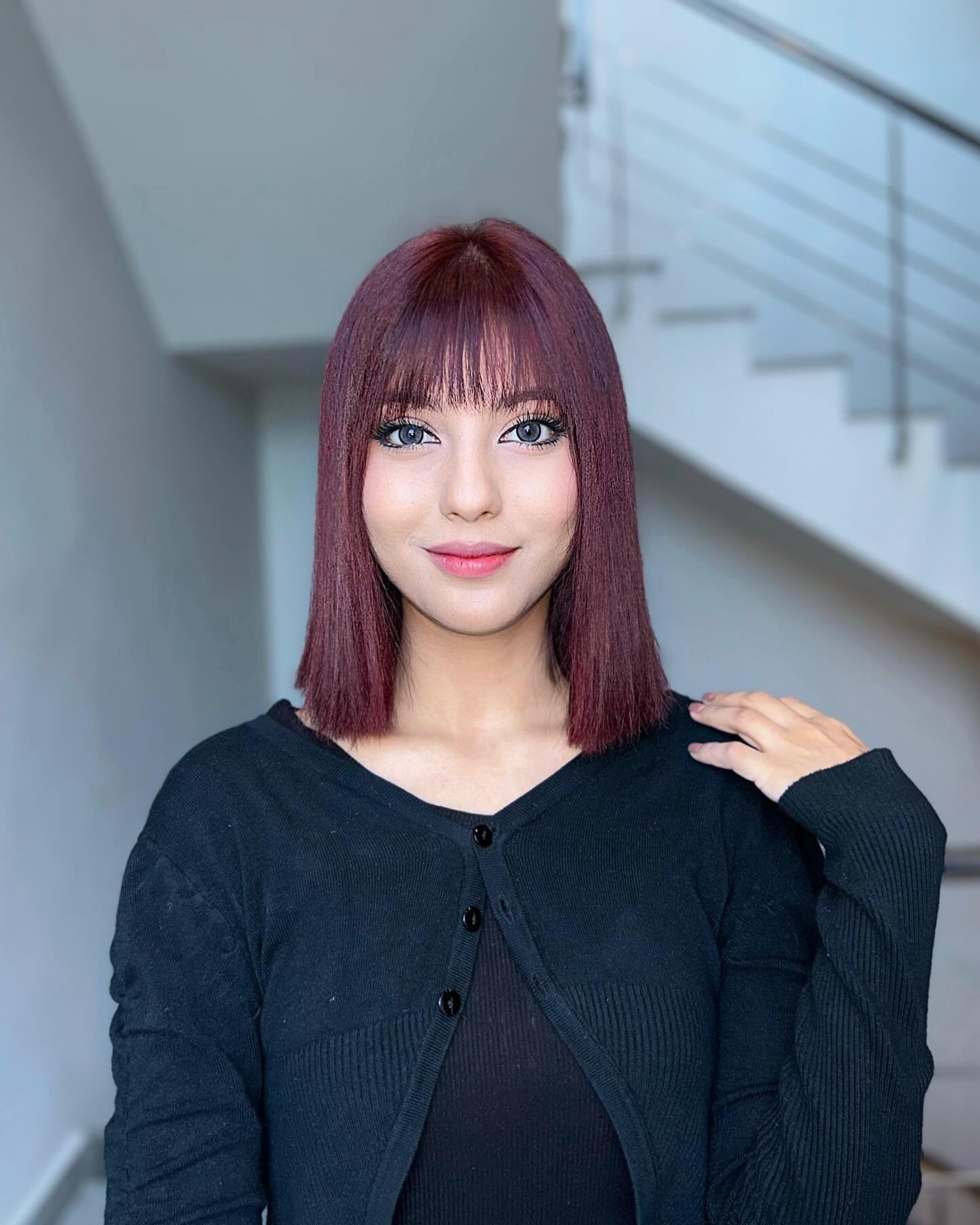 Sleek Burgundy Bob With Blunt Bangs
