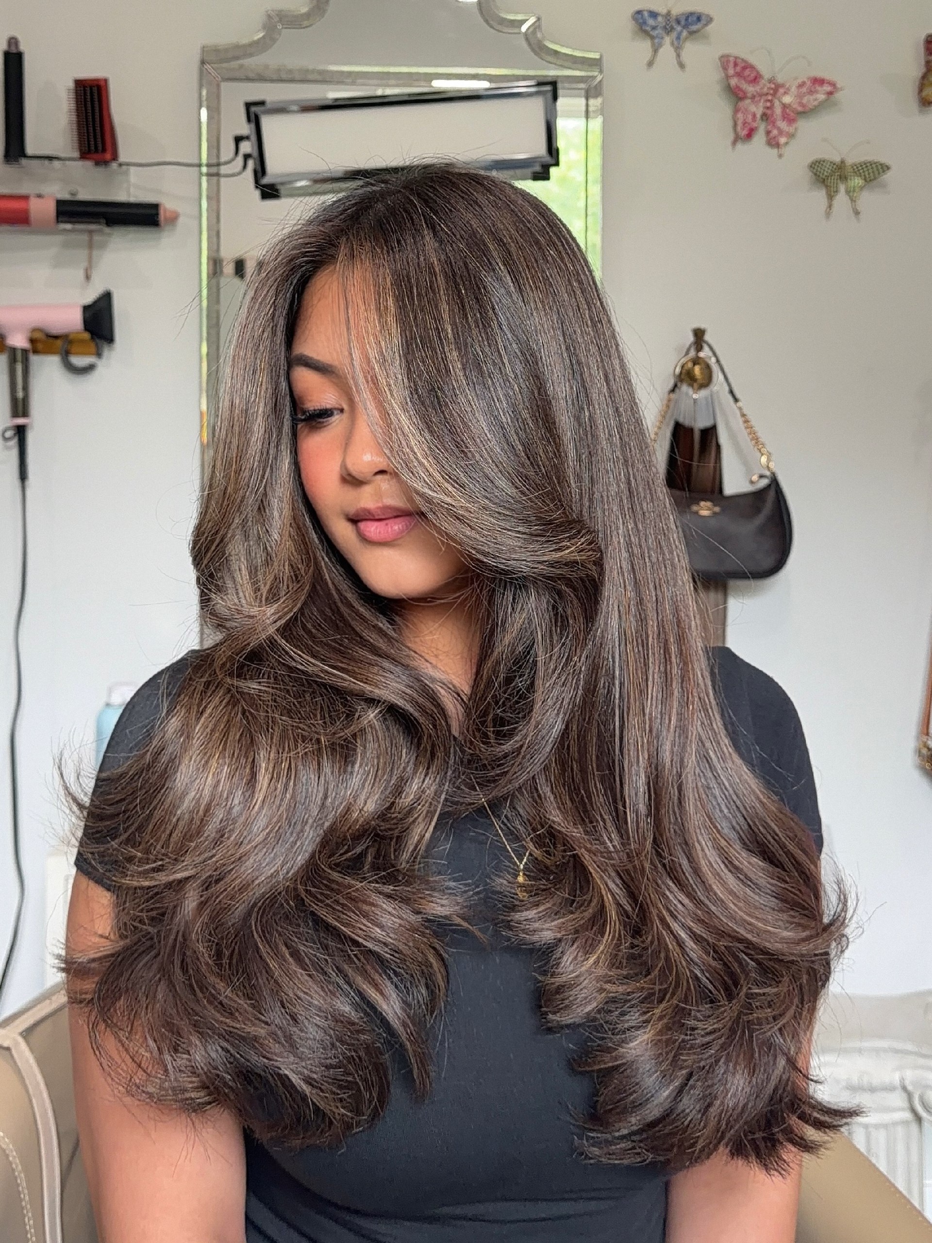 Caramel Balayage On Voluminous Brunette Waves