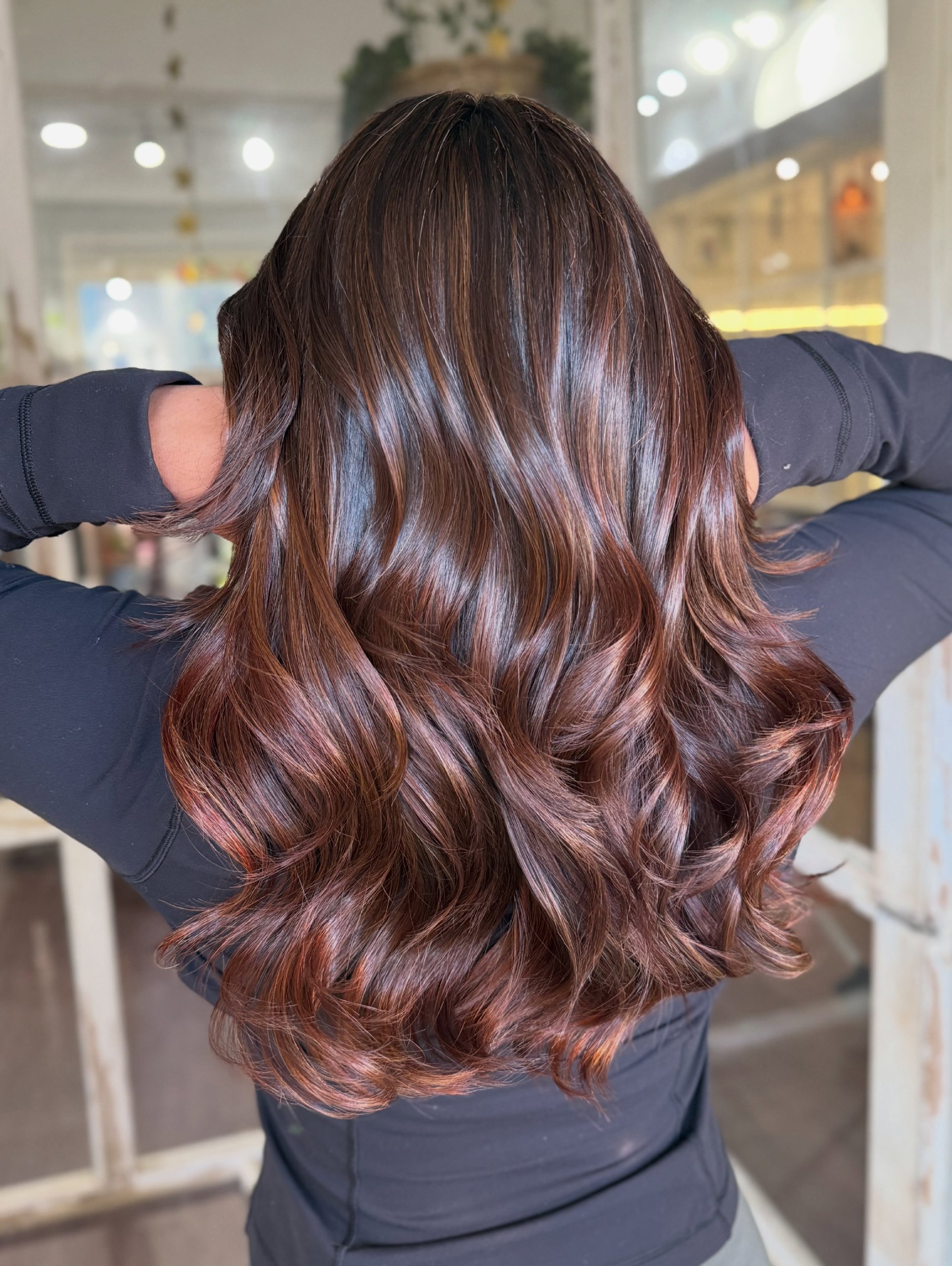 Rich Auburn Highlights On Chocolate Brown Waves