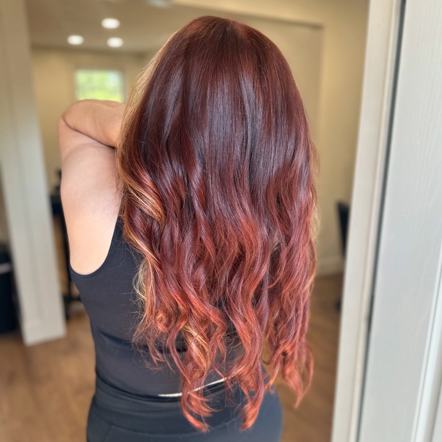 Rich Auburn Balayage With Warm Copper Ends