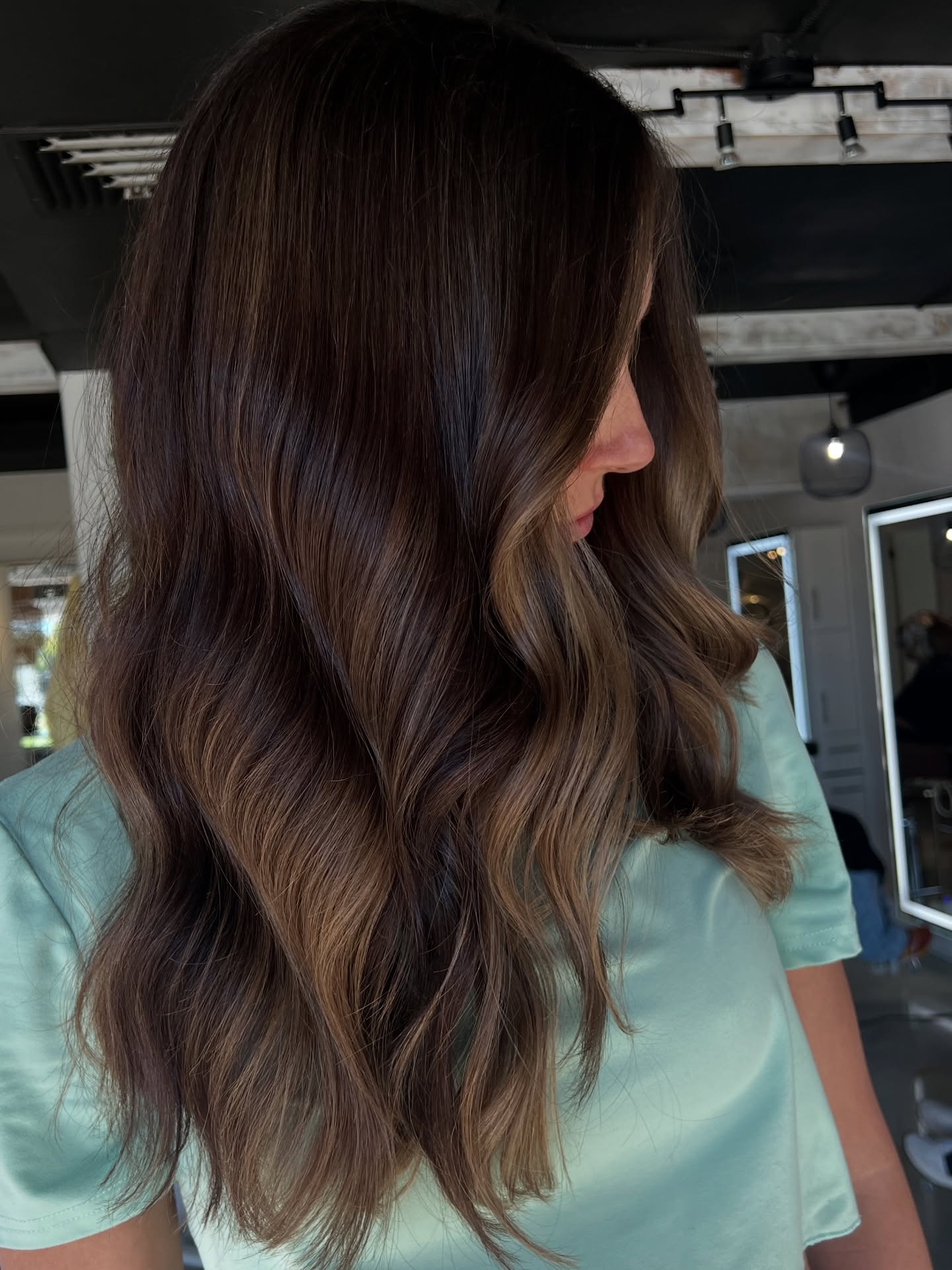 Rich Chocolate Brunette Balayage With Caramel Highlights