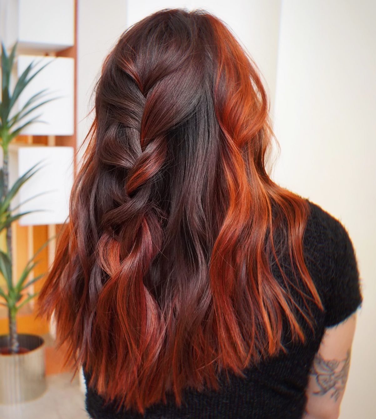Fiery Copper Balayage With Loose Waves And A Crown Braid