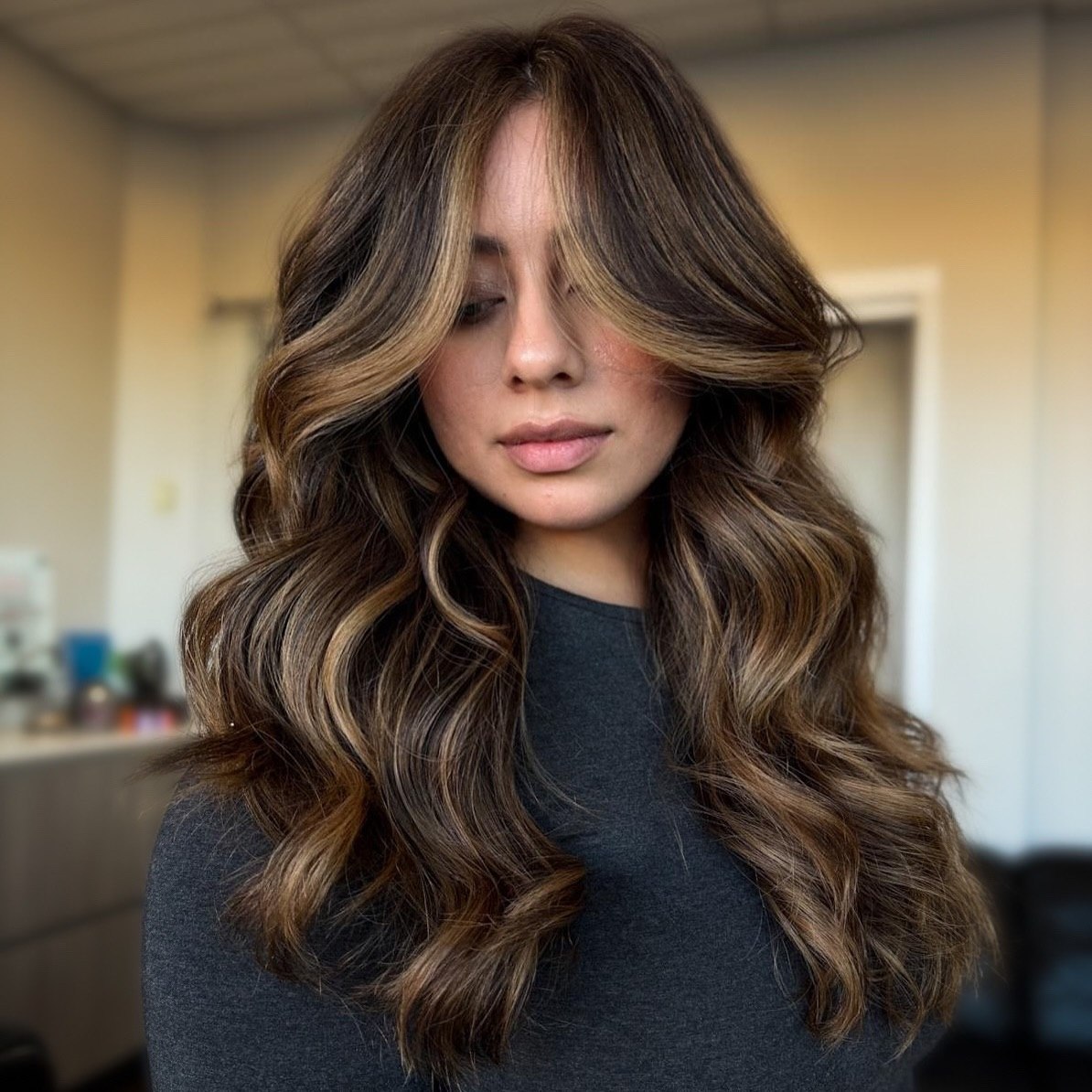 Rich Espresso Brown With Caramel Balayage Waves