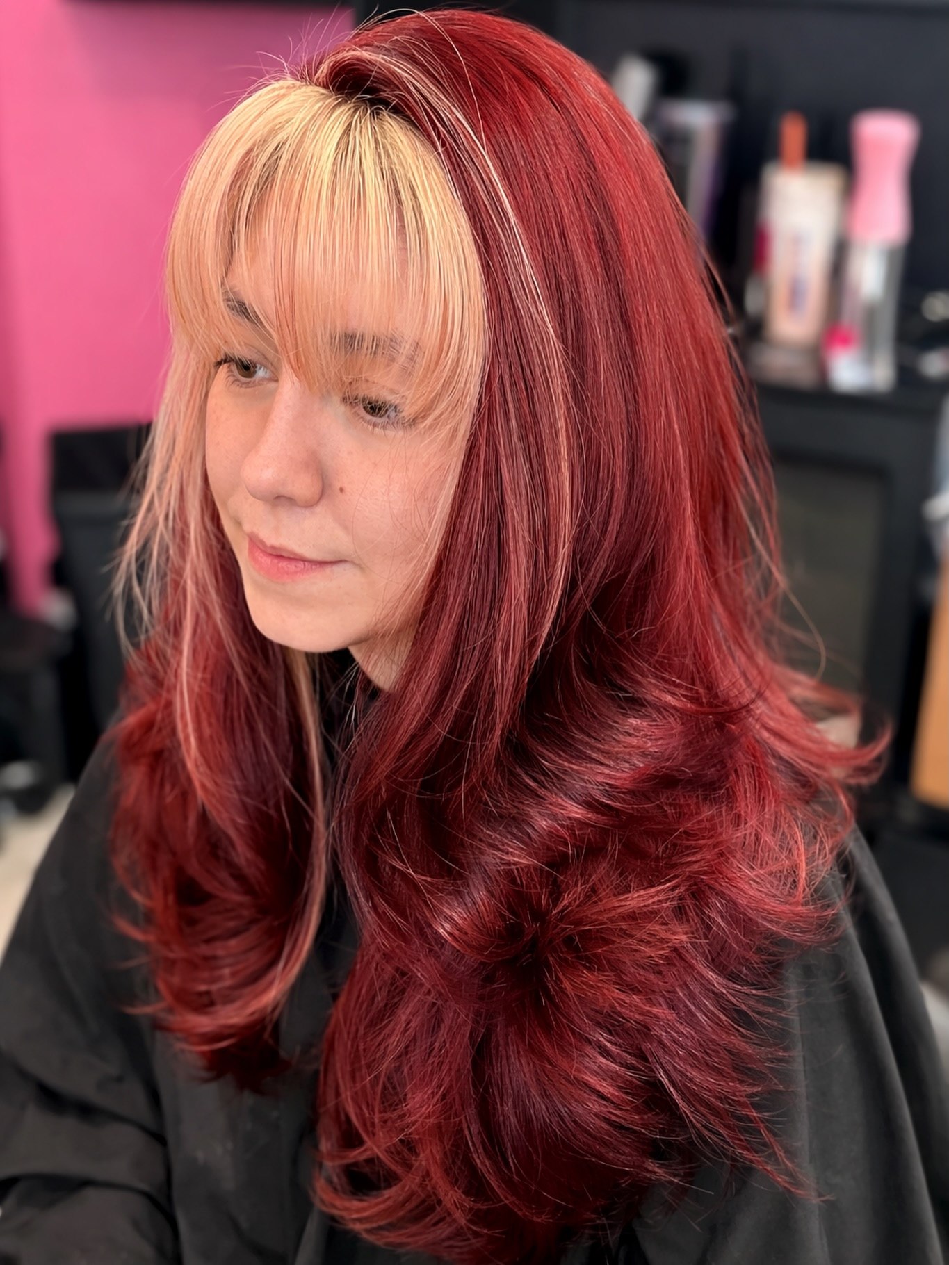 Bold Cherry Red With Face-Framing Blonde Money Piece