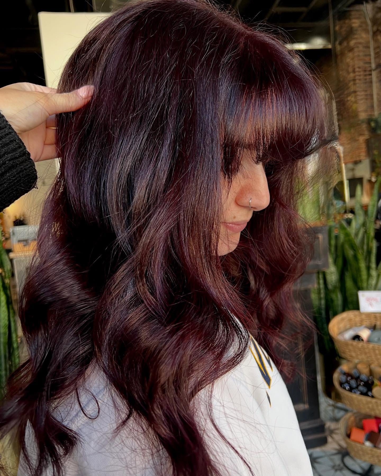 Deep Cherry Cola Waves With Wispy Bangs