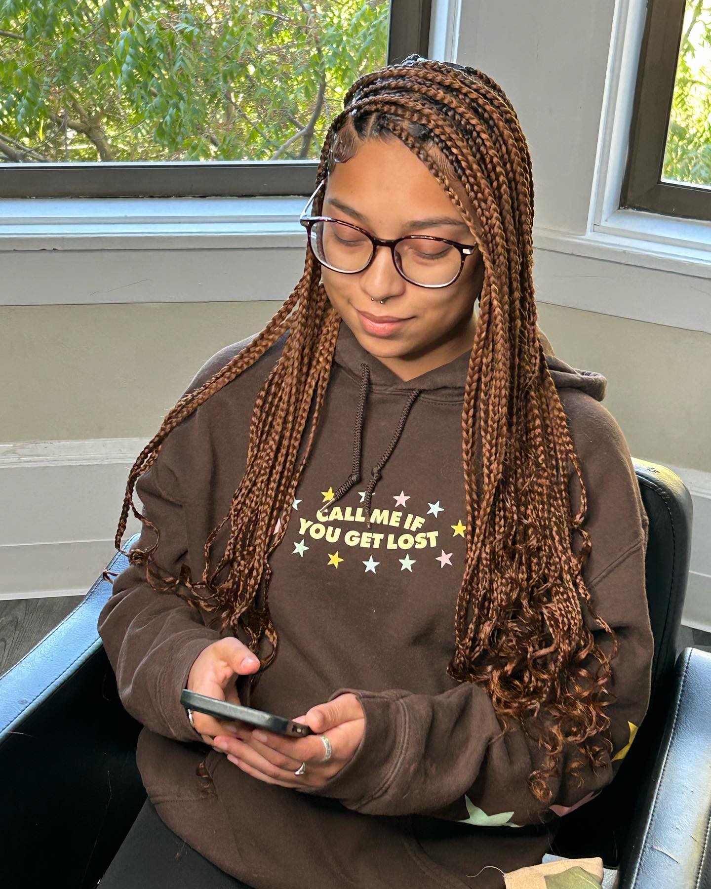 Long Chestnut Box Braids With Curly Ends