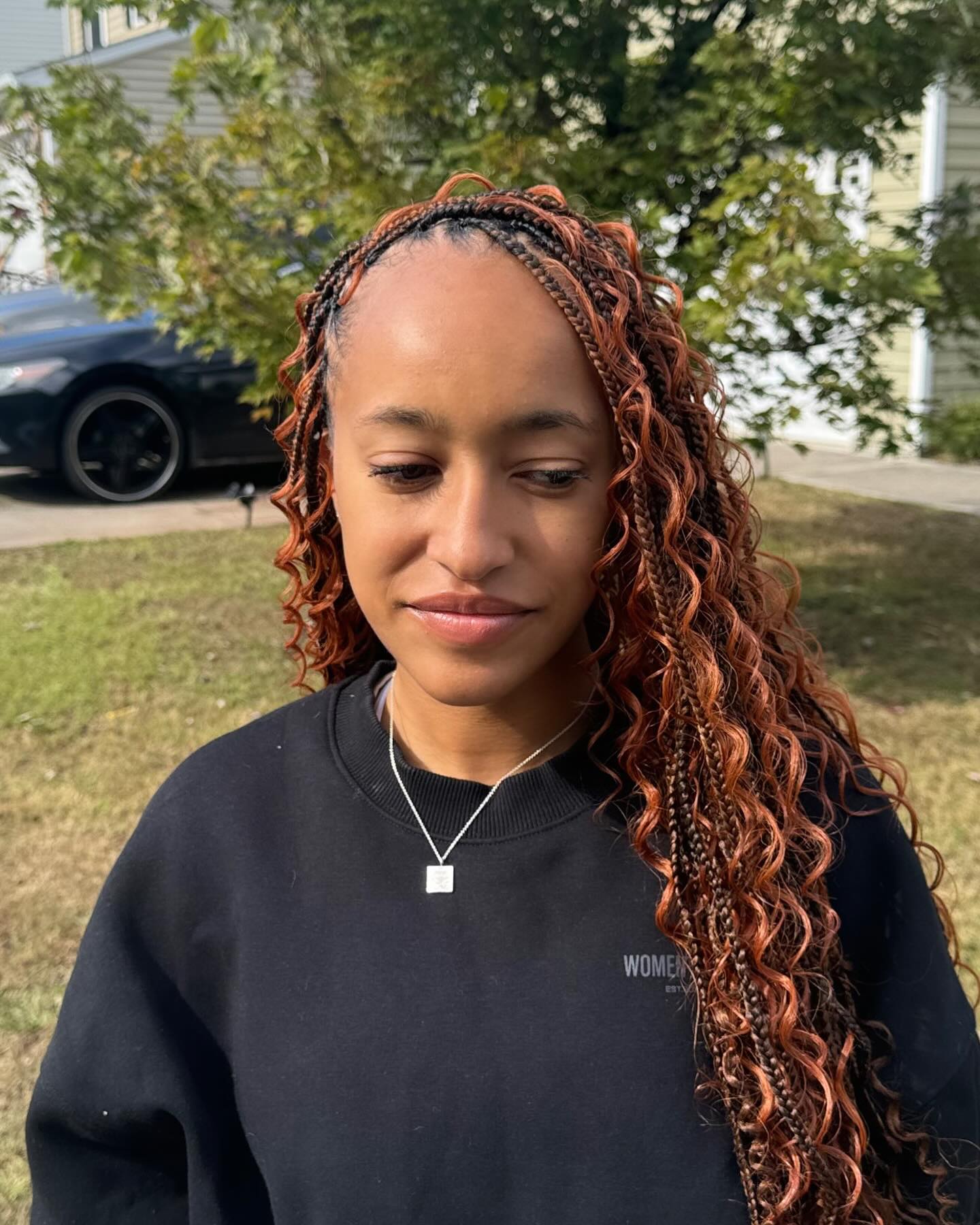 Fiery Auburn Goddess Braids With Curls